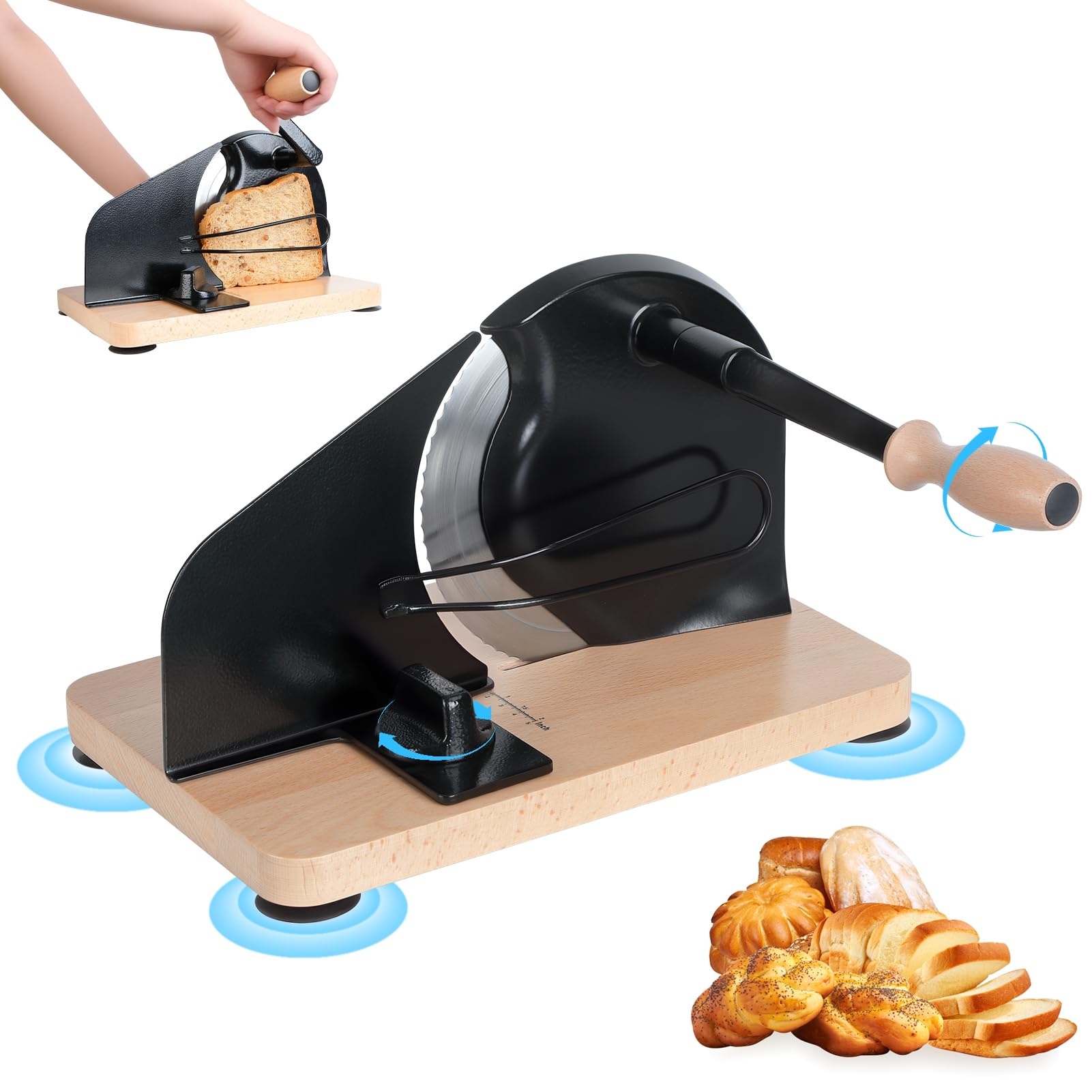 Upgrade Manual Bread Slicer, Homemade Sourdough Bread Cutter, Hand Crank Home Slicer with Scale Line and Steel Fence, Sharp Blade, Adjustable Width Black
