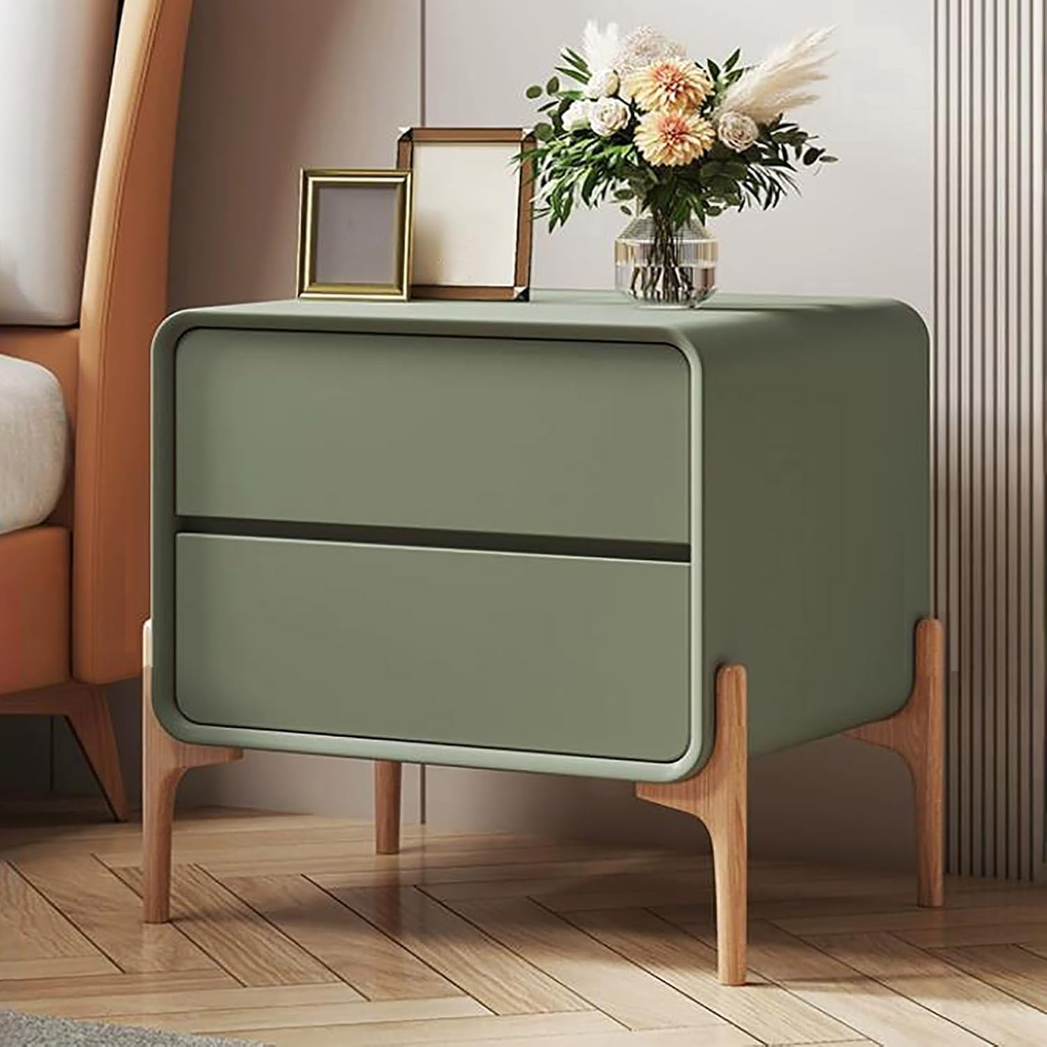 Modern minimalist home double drawer small bedroom bedside table, solid wood installation-free bedside locker shelf, multi-functional storage space, suitable for bedroom, living room ( Color : Olive g