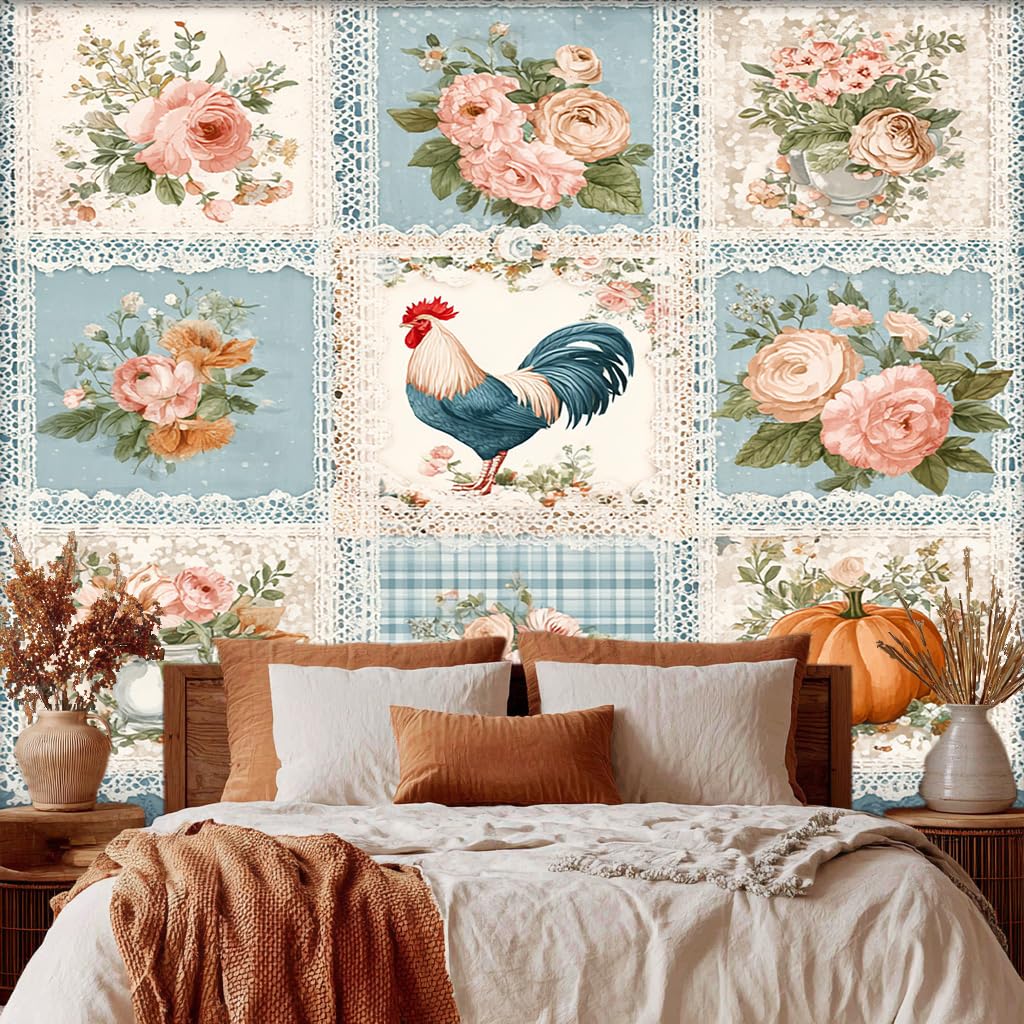 Rustic Rose Wallpaper, Vintage Rooster Wallpaper for Living Room, Bedroom, Non-Woven Decor Wall Paper, Photo Dining Room, Hallway, Lounge, Mural Large 3D Home Decor 400 x 280 cm A240