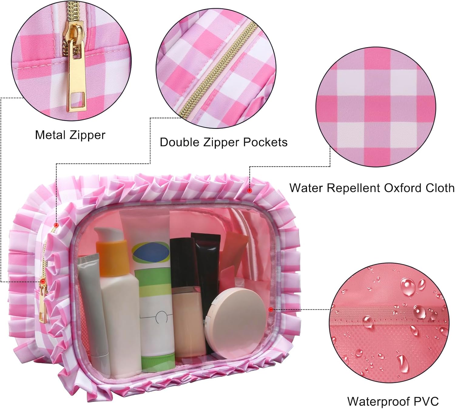 Gingham Ruffle Clear Makeup Bag for Women, Cute Pouch, Checkerboard image 5