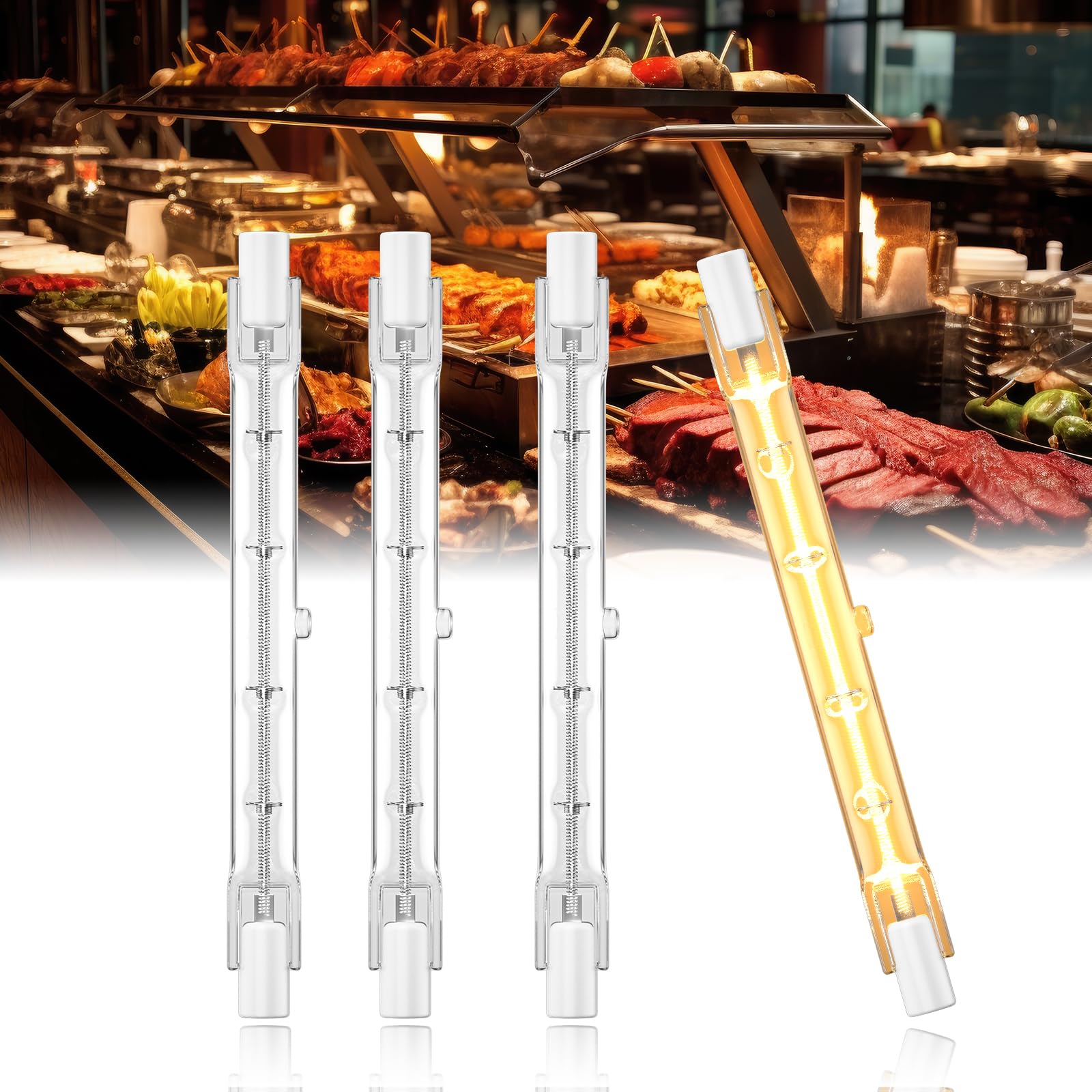BrightArk 4 Pack 300W Heat Lamps, 118MM R7S Halogen Food Heater Bulbs for Buffets, Kitchens