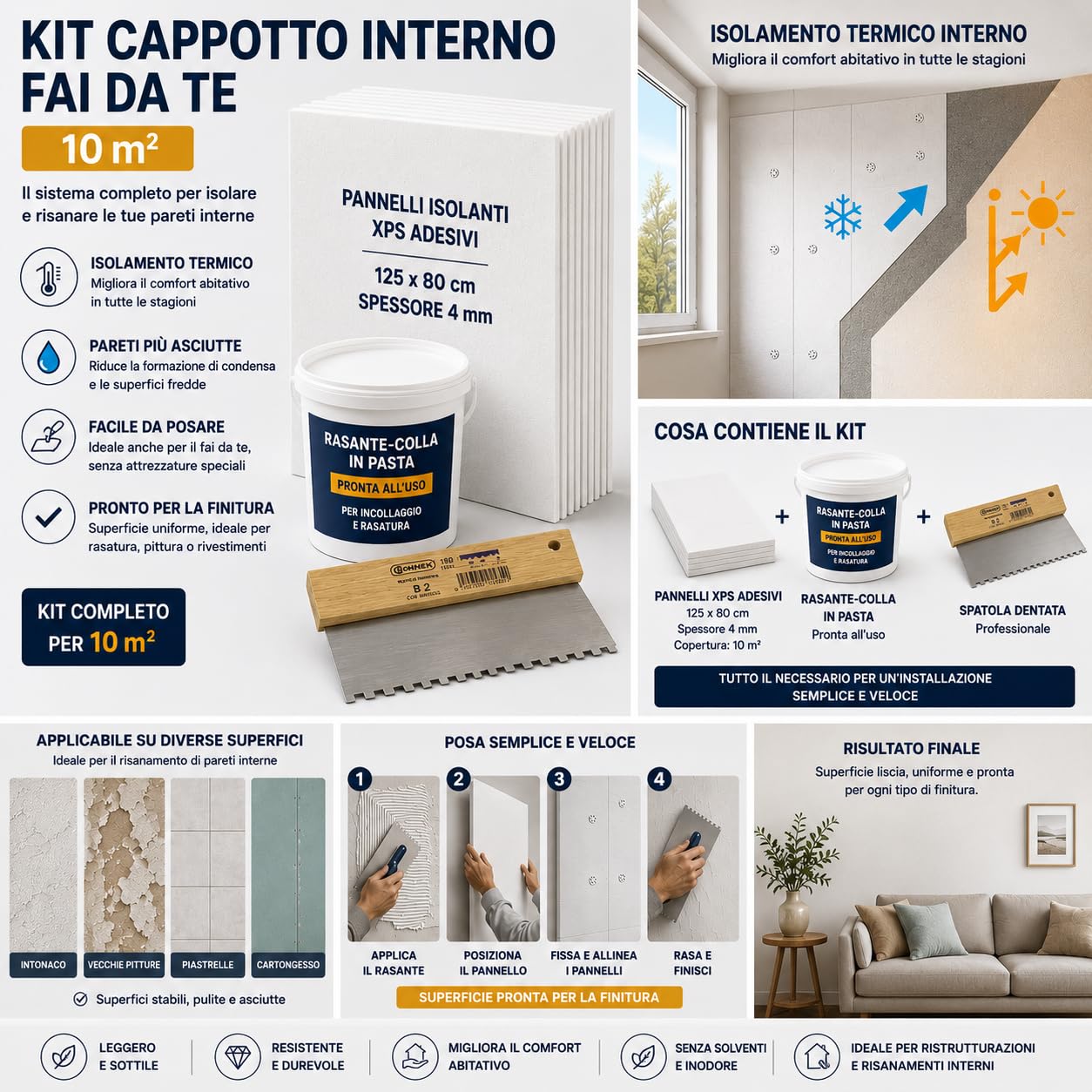 Kit Isolamento Termico Interno 10 mq per Pareti Umide e Fredde | Sistema Antiumidità e Cappotto Termico Fai da Te