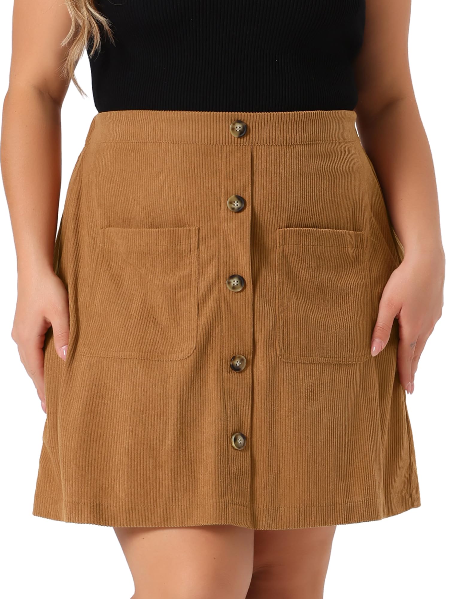 Agnes Orinda Plus Size Corduroy Skirts for Women Fall Winter Elastic Waist Button Down Short Mini Skirt with