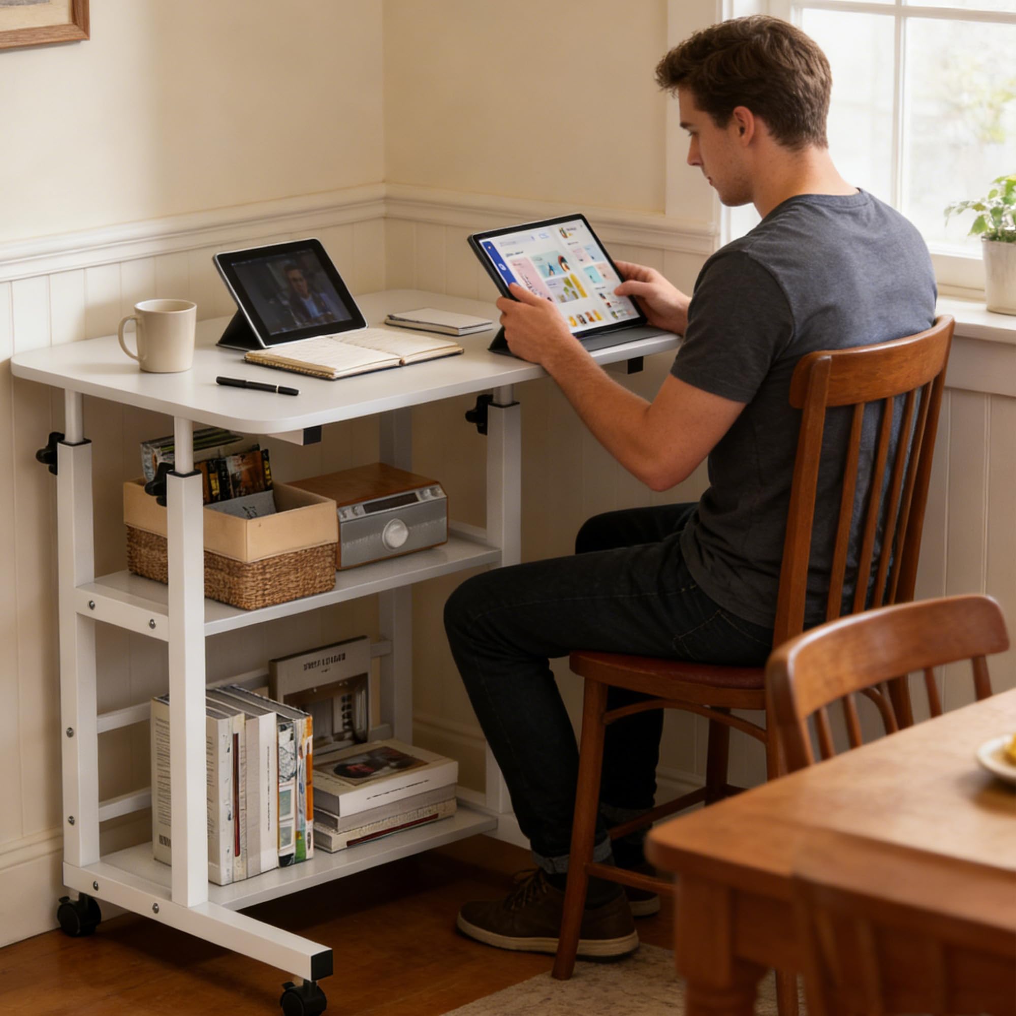 Verdego Escritorio de altura ajustable, mesa auxiliar con ruedas, 2 estantes, mesa de PC 40 x 60 x 56 – 82 cm, ahorra espacio, pequeña mesa portátil para ordenador para oficina en casa, sofá, cama