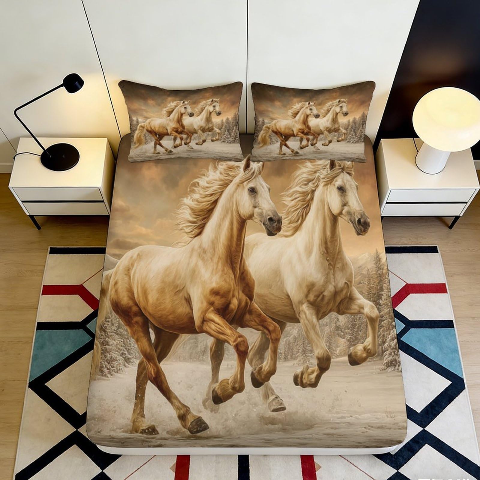 K1r3d9e5 Style-7 3D Printed Galloping Horse Fitted Sheet Microfiber Brown Running Horses Mattress Cover Non Slip Machine Washable Bedroom Decor 90X200x25cm