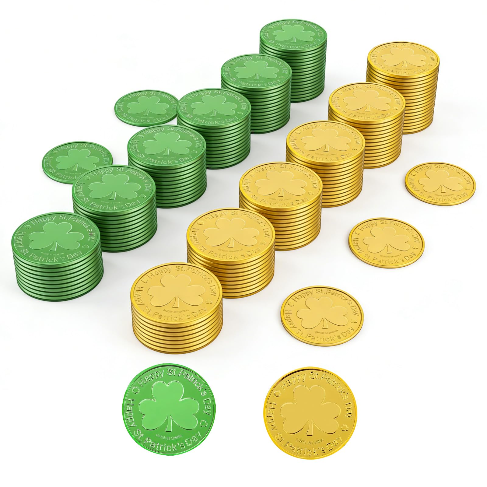 100 St. Patrick's Day Green Gold Coins, Plastic Shamrock Tokens Lucky Coins