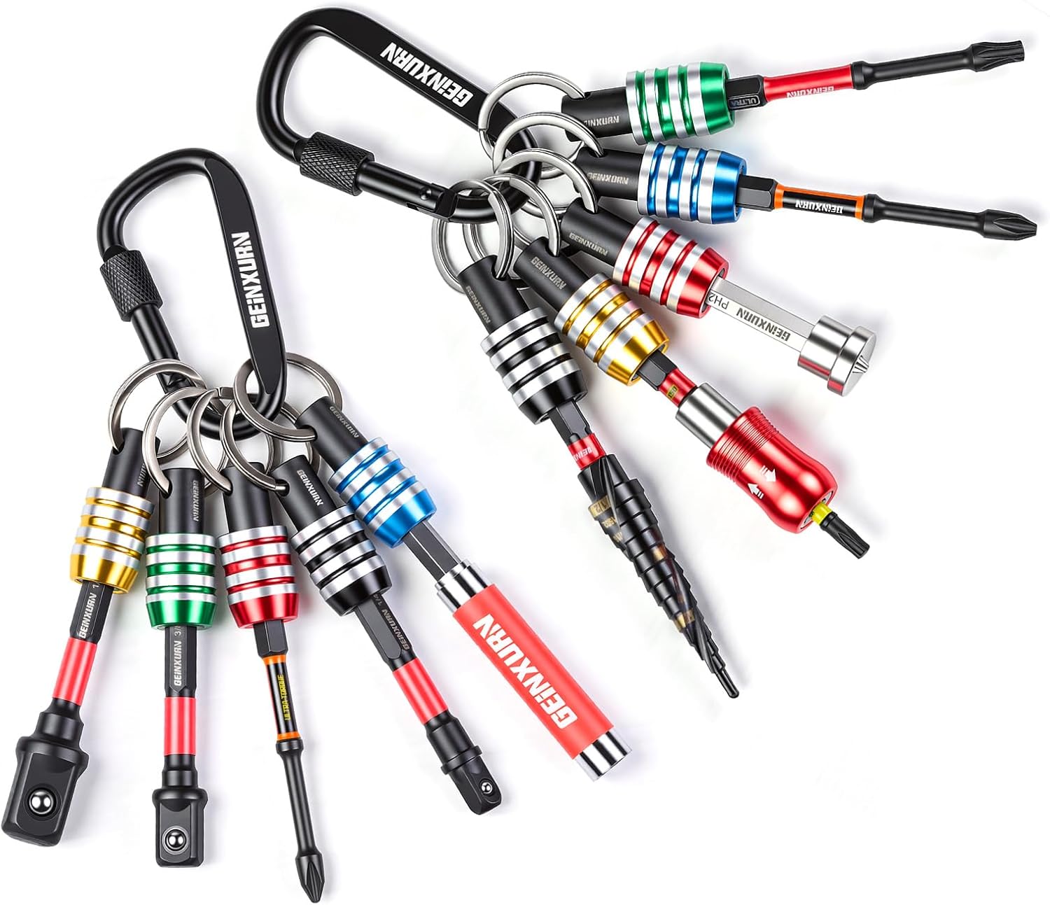 Geinxurn 21Pcs Bit Holder Key Chain, 1/4" Hex Shank One Handed Quick Change&Release Extension Bit Organizer with Drill Extension&Step Drill,Impact Screwdriver Bits, Sockets Adapter for Outdoor Work