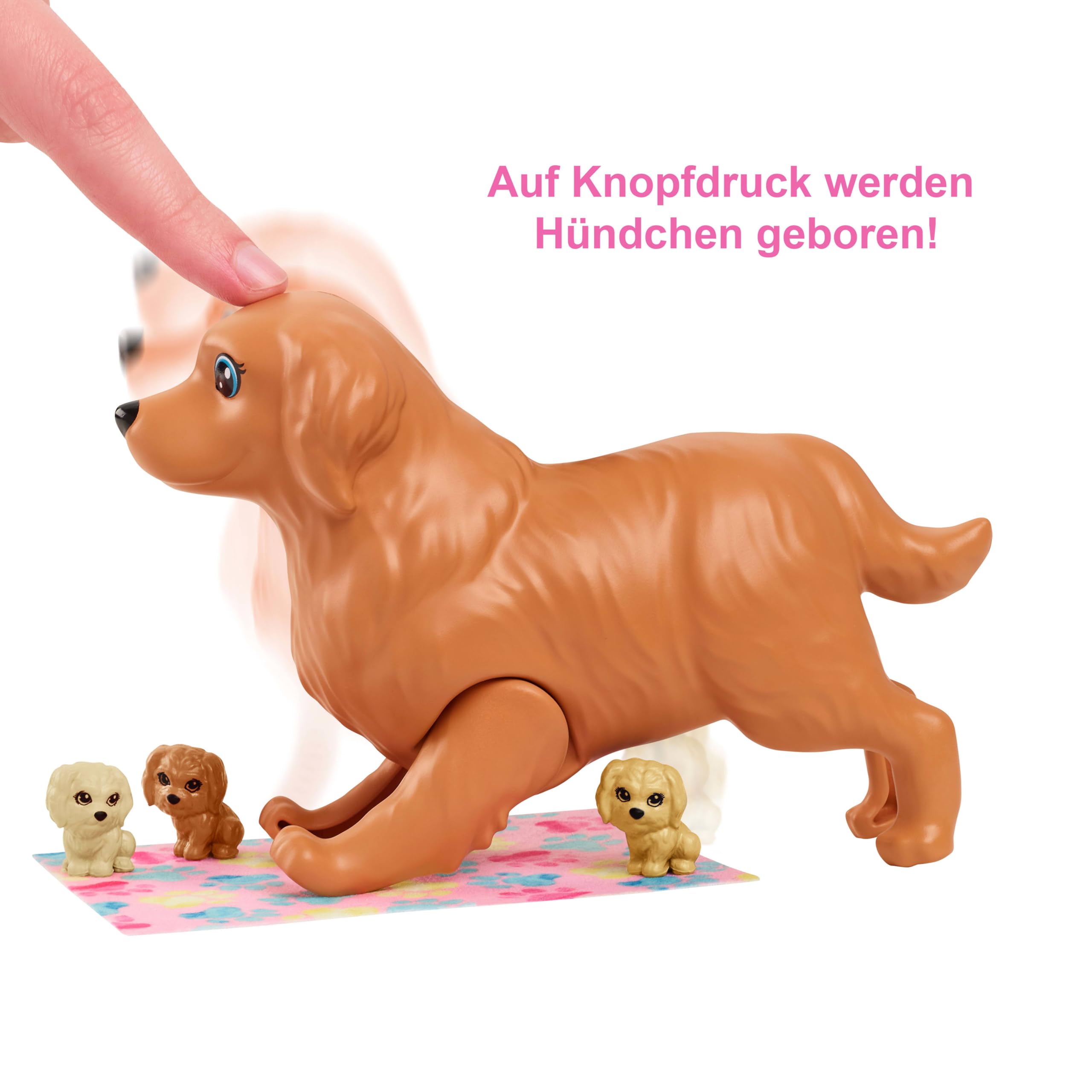 Barbie Newborn Pups Playset, Puppe mit blonden Haaren, inkl. 3 Welpen, 10+ Accessoires, Farbwechseleffekte, inkl. Puppe, Geschenk für Kinder ab 3 Jahren,HCK75