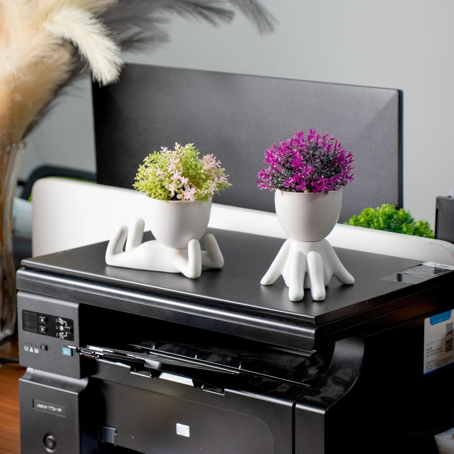 Zerzsy 4PCS Small Artificial Succulent Plants with Creative Human Shaped Pots, Fake Desk Plant Greenery Potted for Home Office Indoor Shelf Decoration (White)