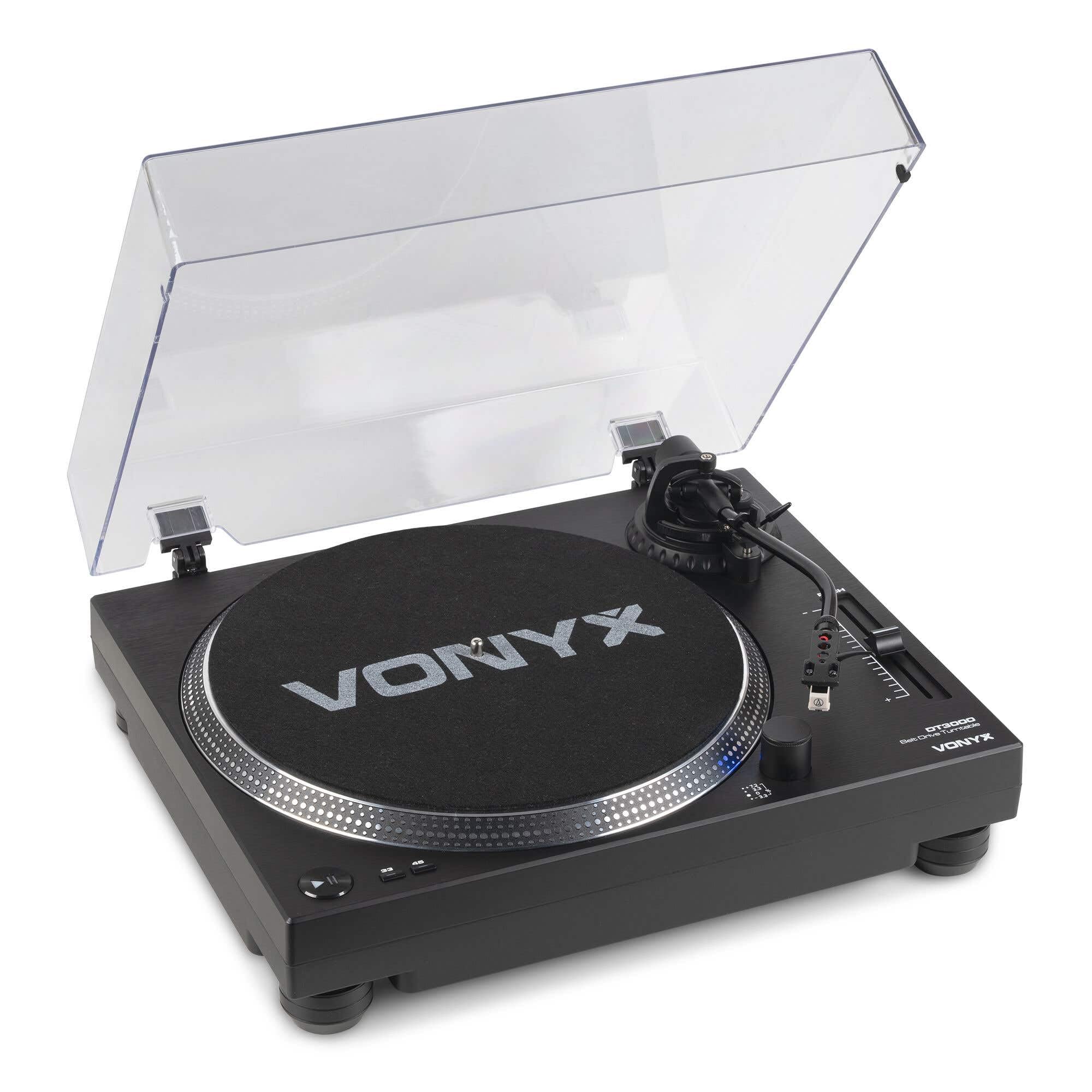 Vonyx DT3000 – Tocadiscos de Vinilo de tracción por Correa con cápsula Audio Technica, USB para digitalizar, preamplificador Phono/línea, Brazo en S y Control Pitch para DJ y HiFi, Color Negro