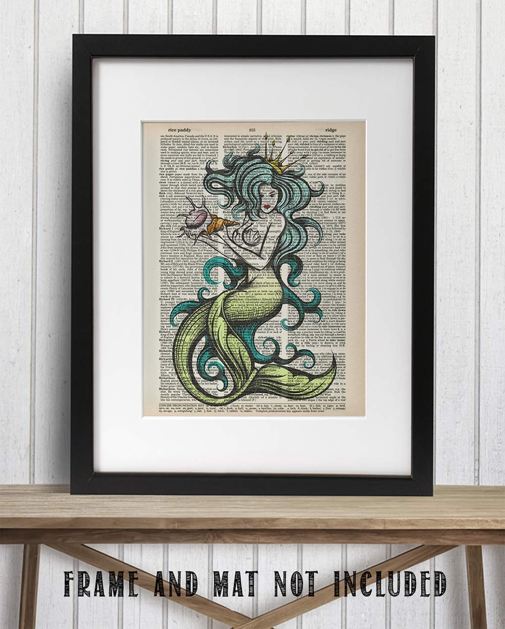 Upcycled Dictionary Art -  - Classic Office and Home Decor, Library Water Color Wall Art, Animal Print Vintage Book Page Bedroom Decoration, 8.5x11 Unframed Art Poster: Mermaid