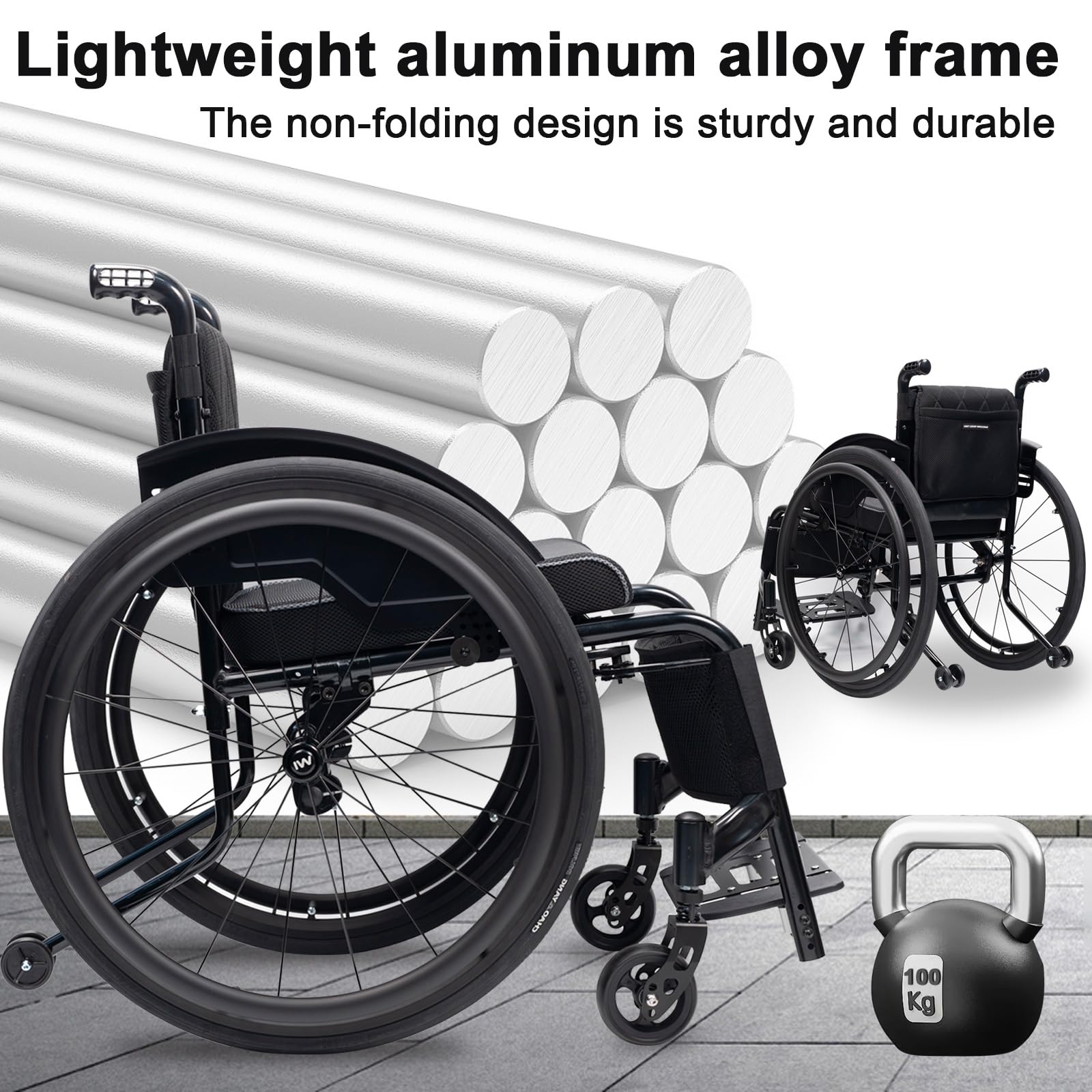 Wózki inwalidzkie dla dorosłych, nośność 100 kg, nieskładane, stop aluminium, wyposażone w podnóżki, siedzisko i tylne koła 24" (szerokość siedziska: 38 cm)