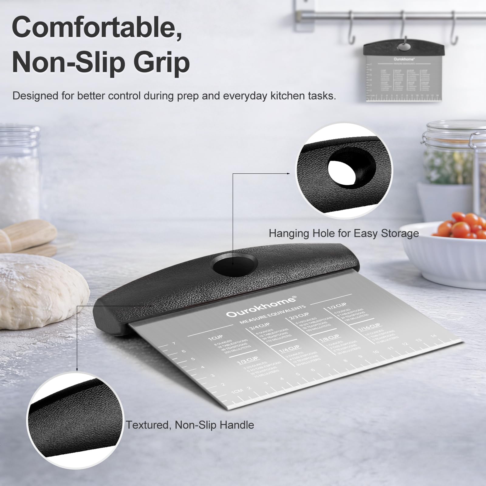 Ourokhome Paquete de 2 raspadores de masa de banco, raspador de masa de acero inoxidable con escala grabada con láser, tabla de conversión, mango antideslizante, apto para lavavajillas para pan y
