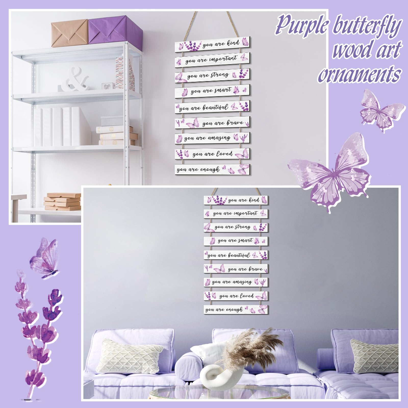 9 piezas de mariposa morada inspiradora decoración de pared de mariposa arte de pared para niñas, decoración de dormitorio de niñas, letreros de arte colgantes de madera morada, regalos de 5