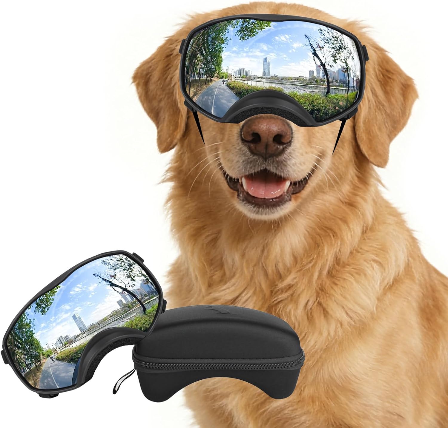 PETLESO Dog Goggles Large Breed, UV Protection Pet Sunglasses Wide Version Windproof Eye Wear for Medium to Large Dogs, Outdoor Driving/Riding/Hiking Use, Silver Mirror Lens