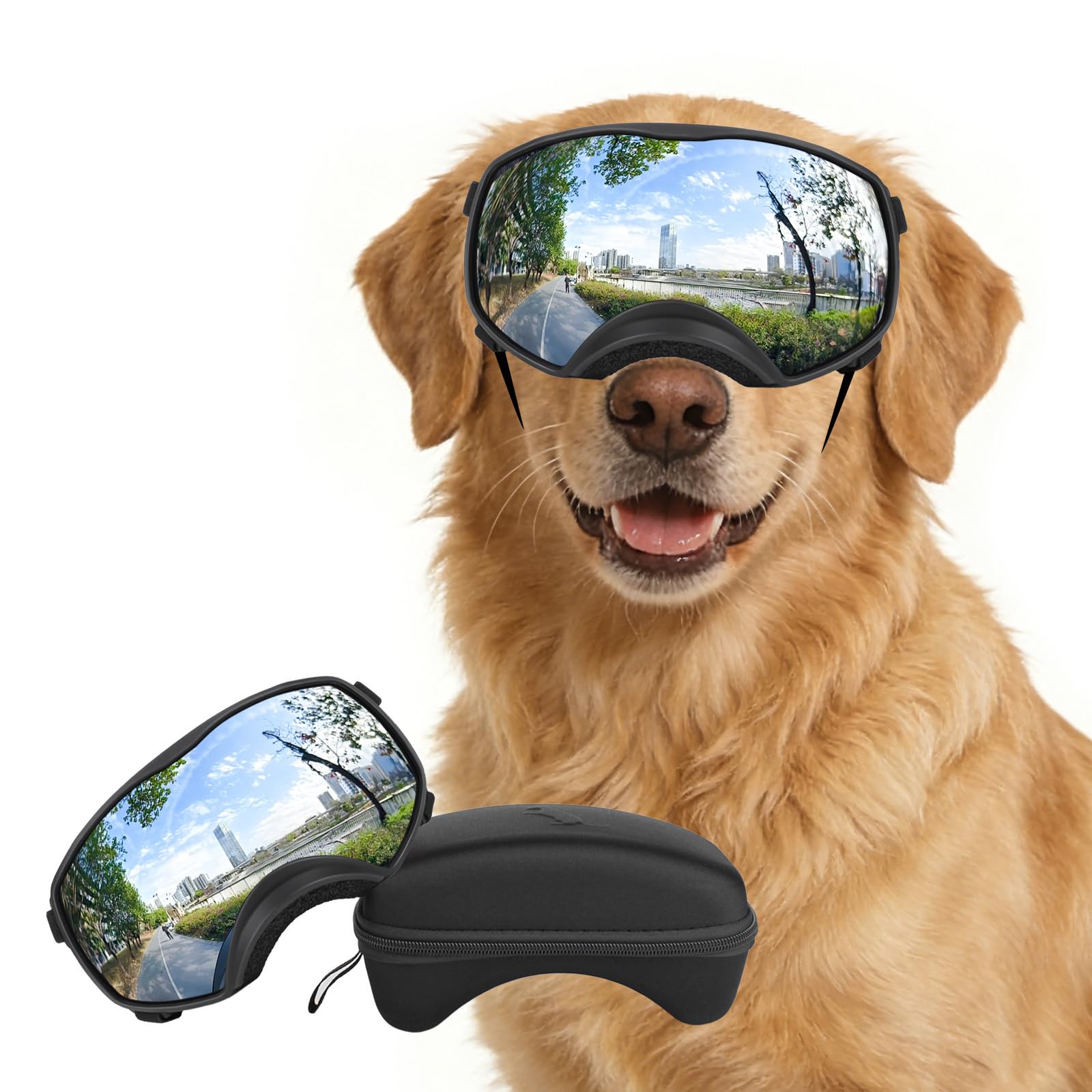 NAMSAN Dog Goggles UV Protection Sunglasses for Large Dogs, Eyes Protect Dog Safety Glasses with Adjustable Strap and Sponge Nose Pads, Black Frame + Silver Lens โ image 1
