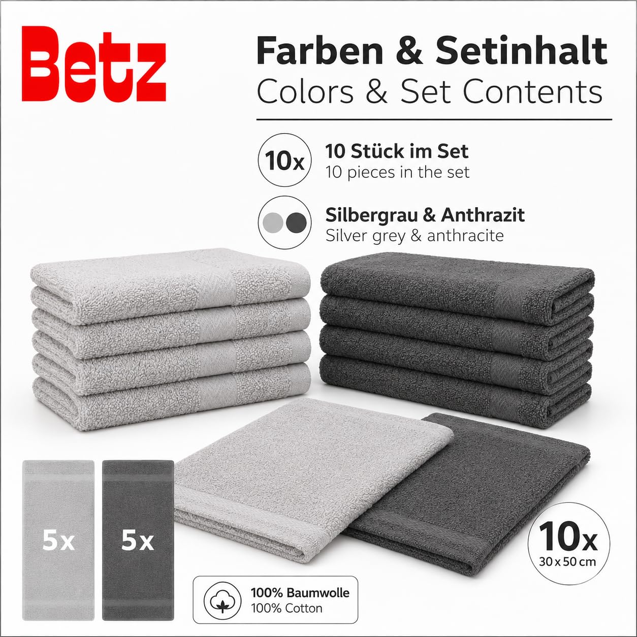 Betz Lot de 10 Serviettes d'invité Taille 30x50 cm 100% Coton Premium Couleur Gris argenté et Gris Anthracite