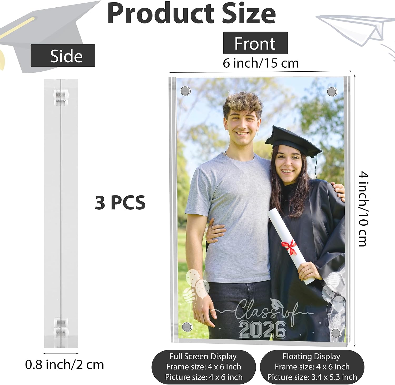 Aneco 3 Pack Class of 2026 Graduation Acrylic Picture Frames 4 x 6 Inch Graduate Double Sided Magnet Frames Clear Thick Freestanding Desktop Display with Engraved Design for High School College Gifts