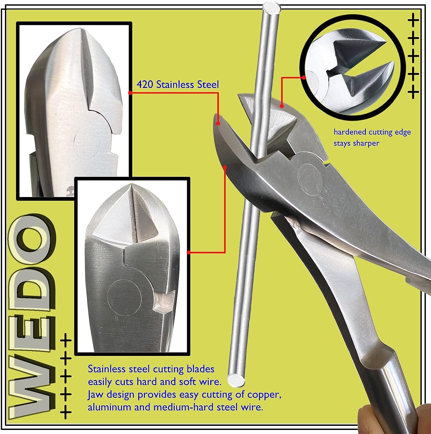 WEDO Seitenschneider 190mm, Edelstahl Präzisionsschneidzange, Präzisionsschneidzange, Drahtschneider, korrosionsbeständig, für weiche Drähte, Lichtwellenleiter, Kabel und Kupferdraht