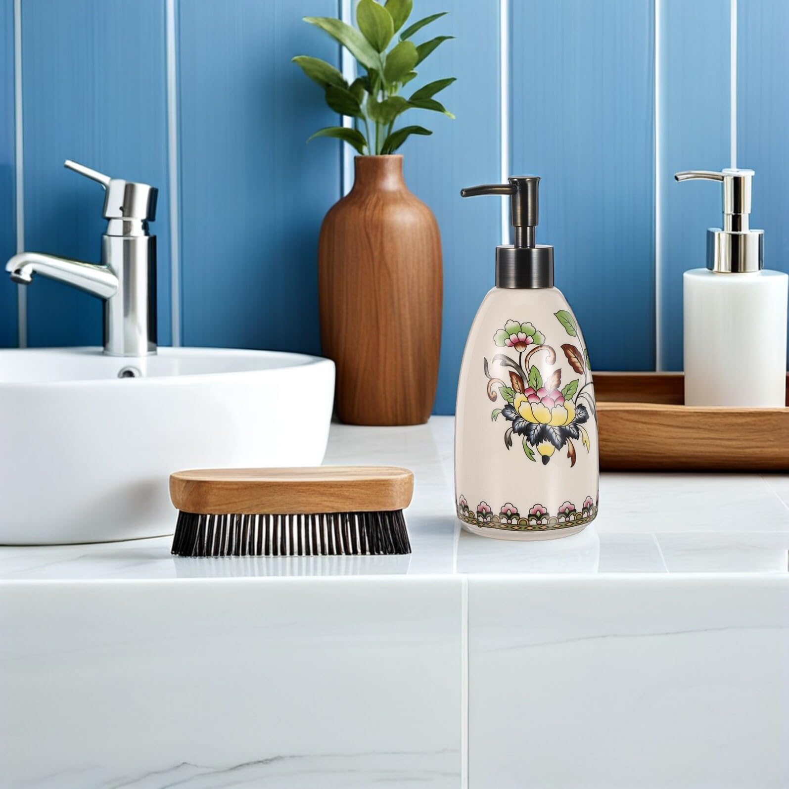 Dispensador de Jabón Líquido Recargable de Cerámica Bomba Dosificadora para Baño y Cocina Envase Multiusos para Jabón de Manos Lavavajillas y Champú 350 Ml