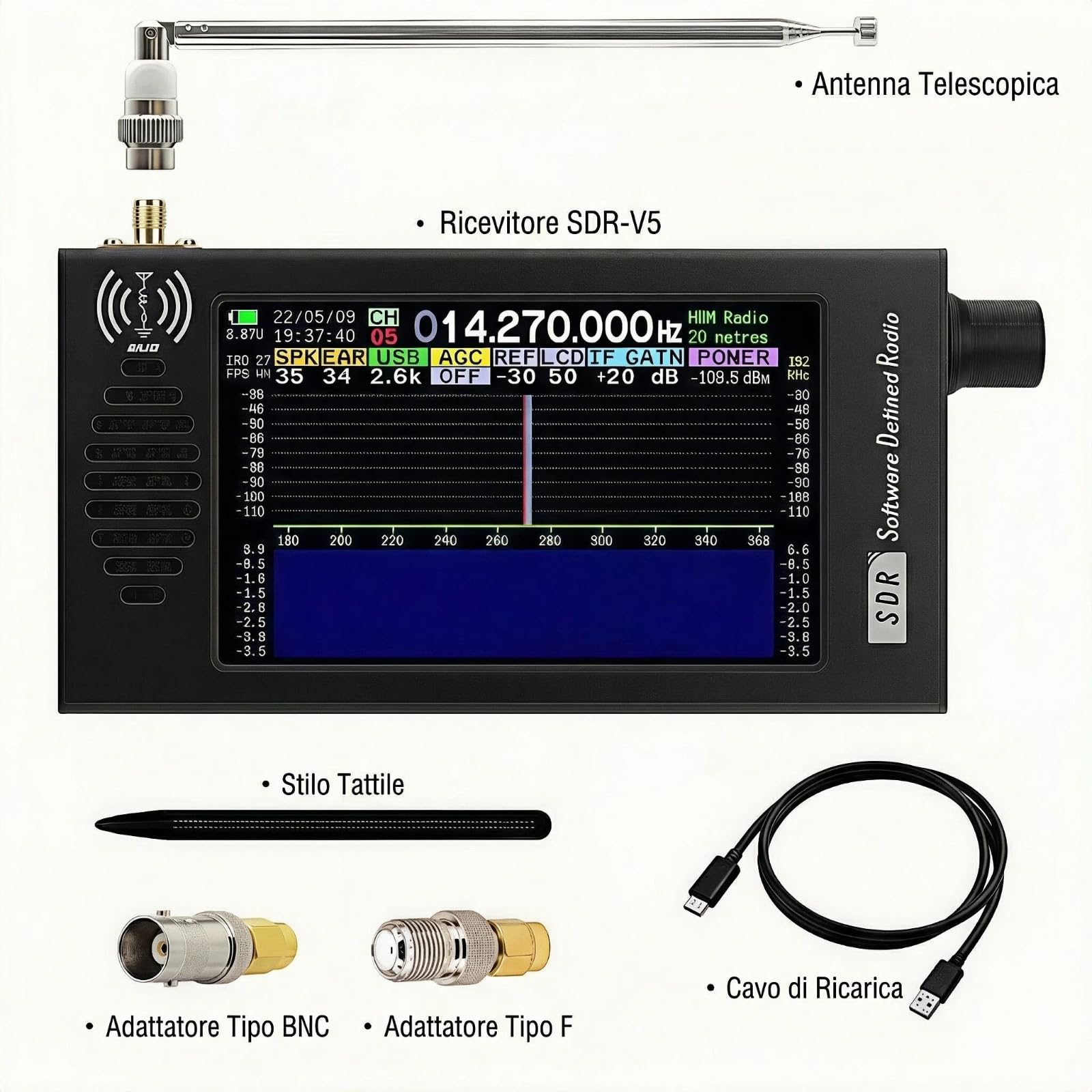 Ricevitore Radio SDR DSP a Onda Corta,Display LCD 4.3" AM/FM/CW/SSB,Spettro 100KHz-149MHz Carcassa in Alluminio Batteria 3000mAh