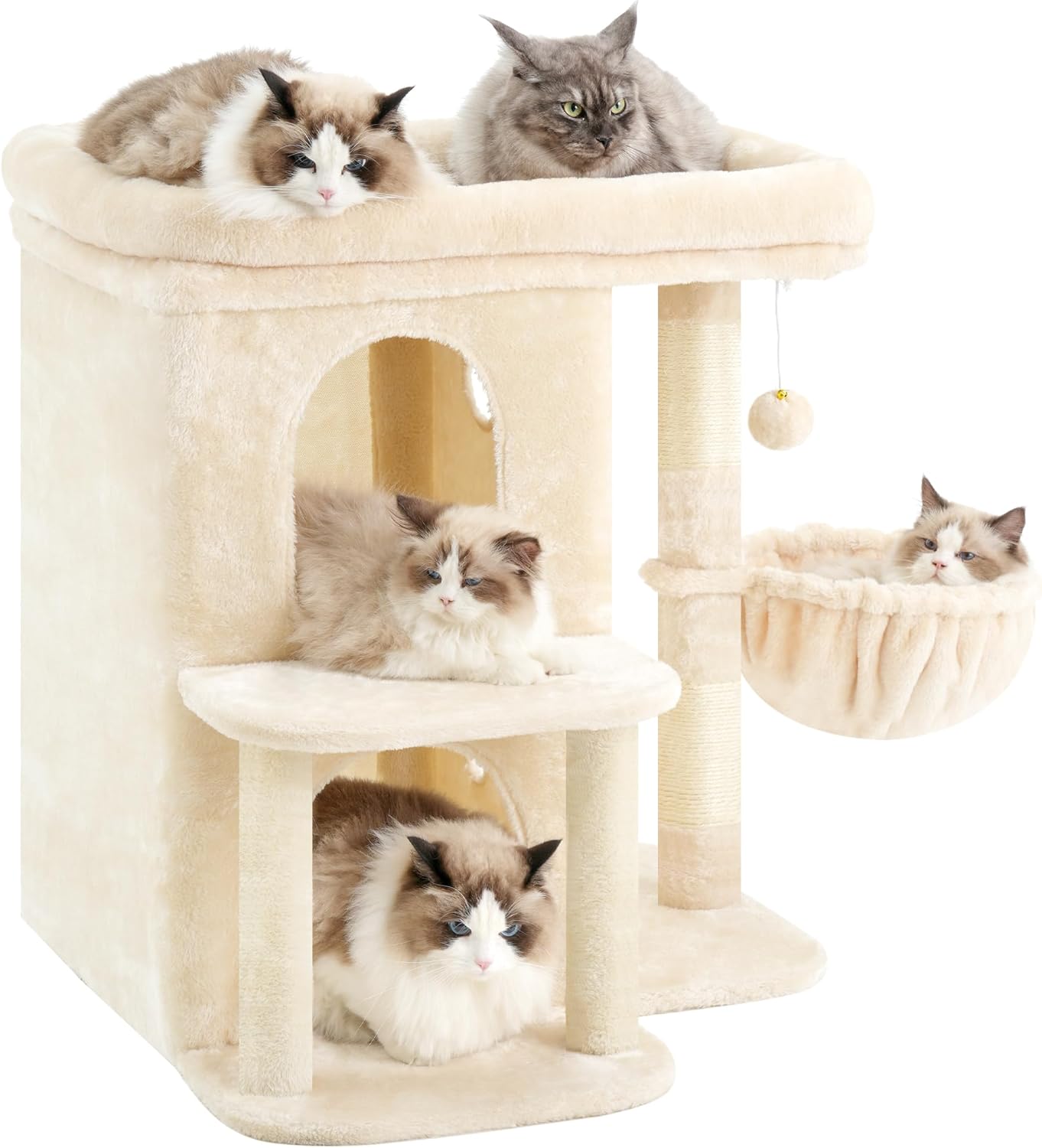 Heybly Cat Tree, 25.6-inch Cat Tower with Spacious Top Perch for Large Cats, Stair-Style Cat House Furniture with Dual-Layer Condos, Sisal Scratching Posts, Cozy Basket & Pompom, Beige HCT204SM