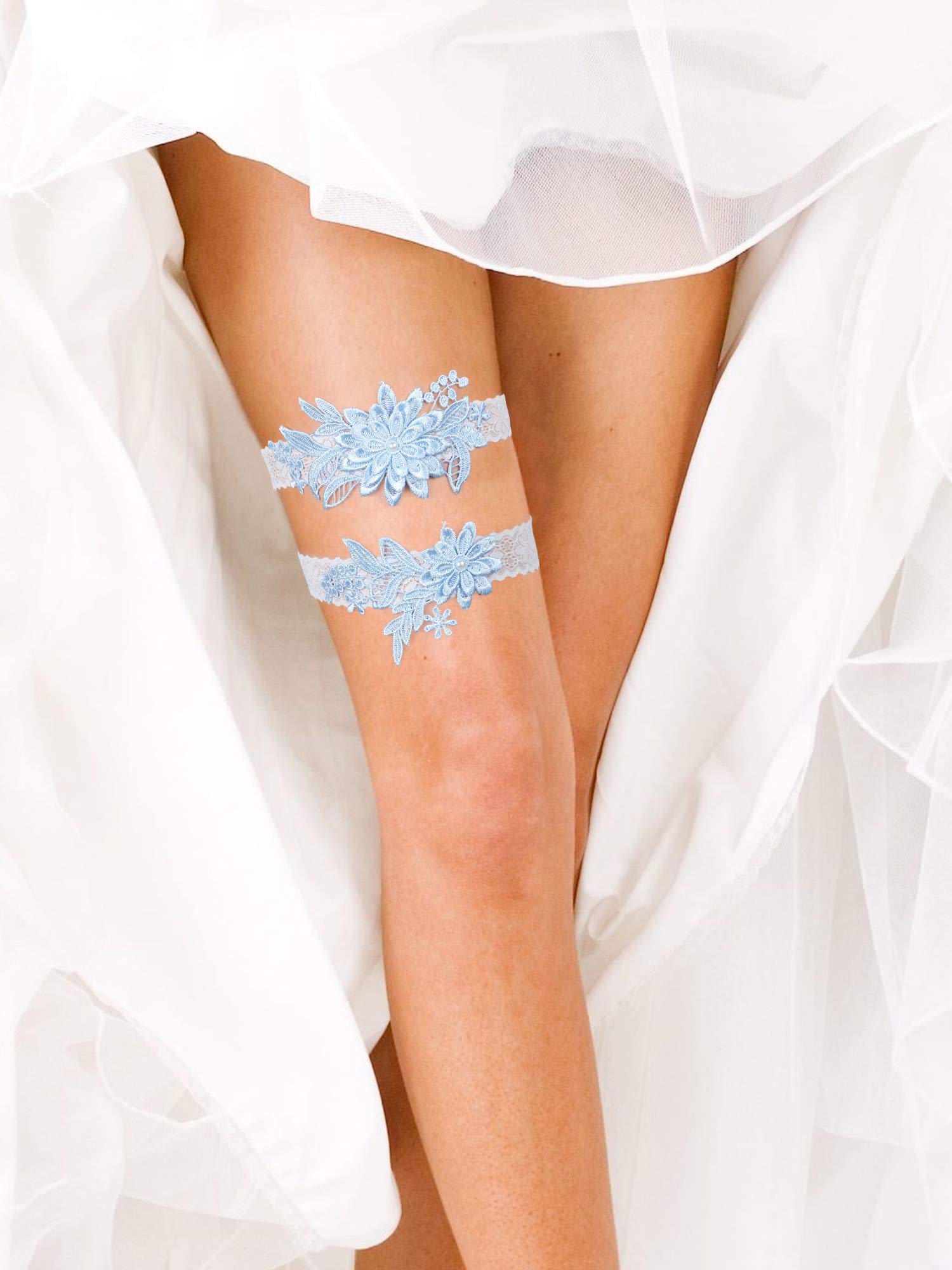 Syhood 2 Pieces Wedding Garters Daisy Lace Bridal Garter Hand Sewn Faux Pearls Garter for Bride, Sky Blue, as the pictures shown
