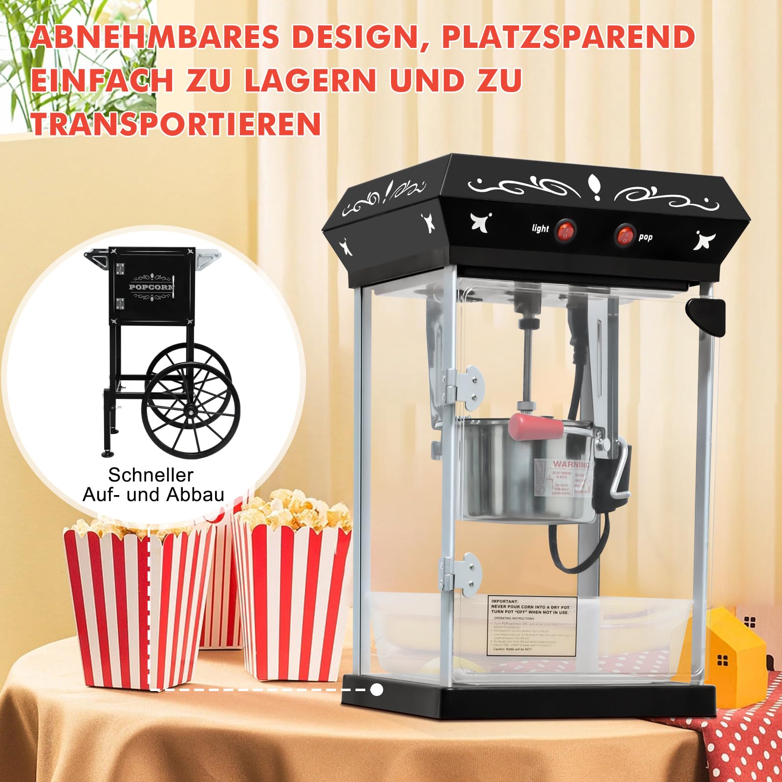 Popcornmaschine mit Wagen 8 OZ Kessel Popcornmaschine Groß,Entnehmbarer Topf Popcornmaker Retro Popcornmaschines,3 Schaufeln Kino-Stil Restaurant profi popcornmaschinen (Schwarz)