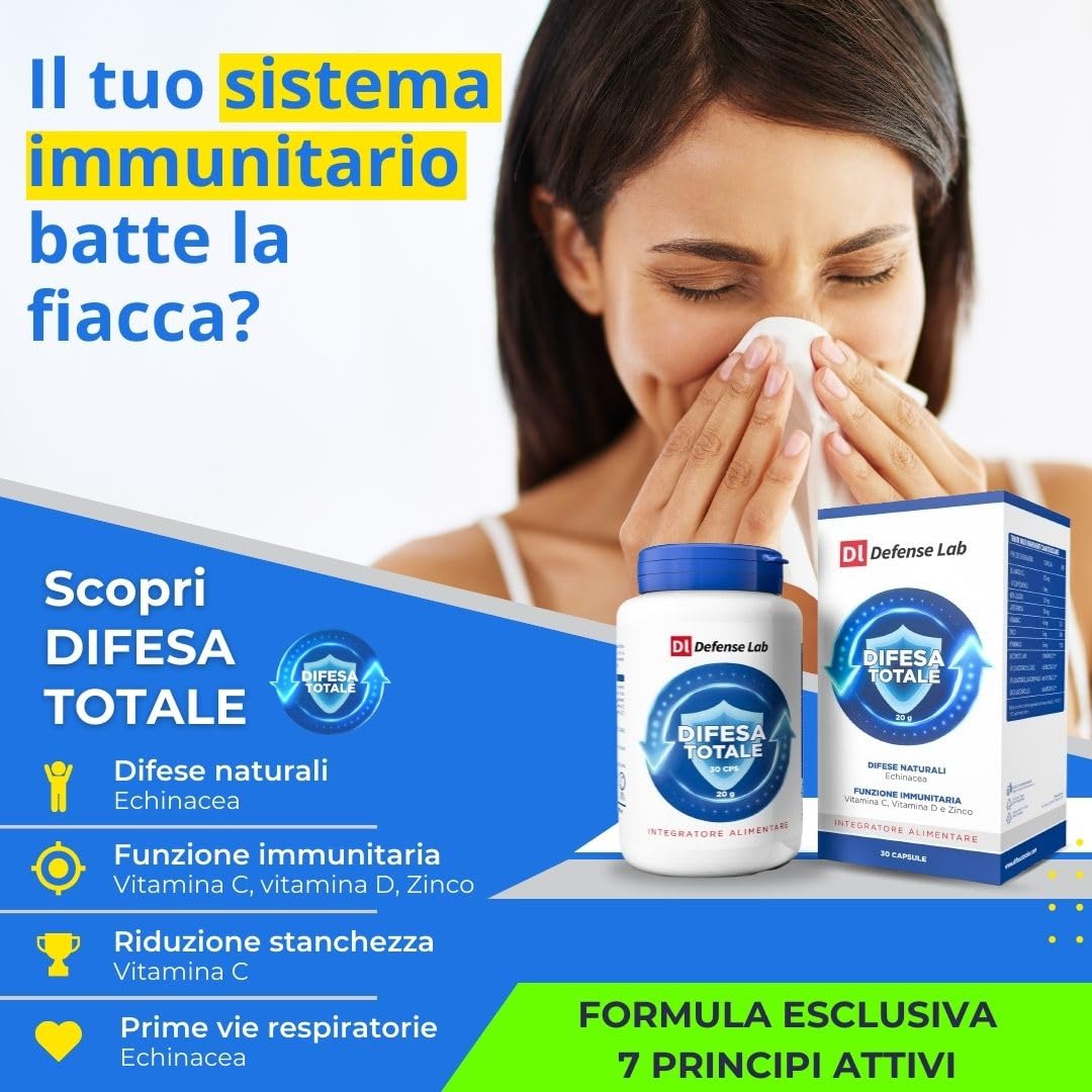 DIFESA TOTALE, Integratore Difese Immunitarie con Echinacea, Lattoferrina, Beta-Glucani, Zinco, Vitamine e Fermenti Lattici, Principi Attivi valutati in 23 mila Studi Scientifici