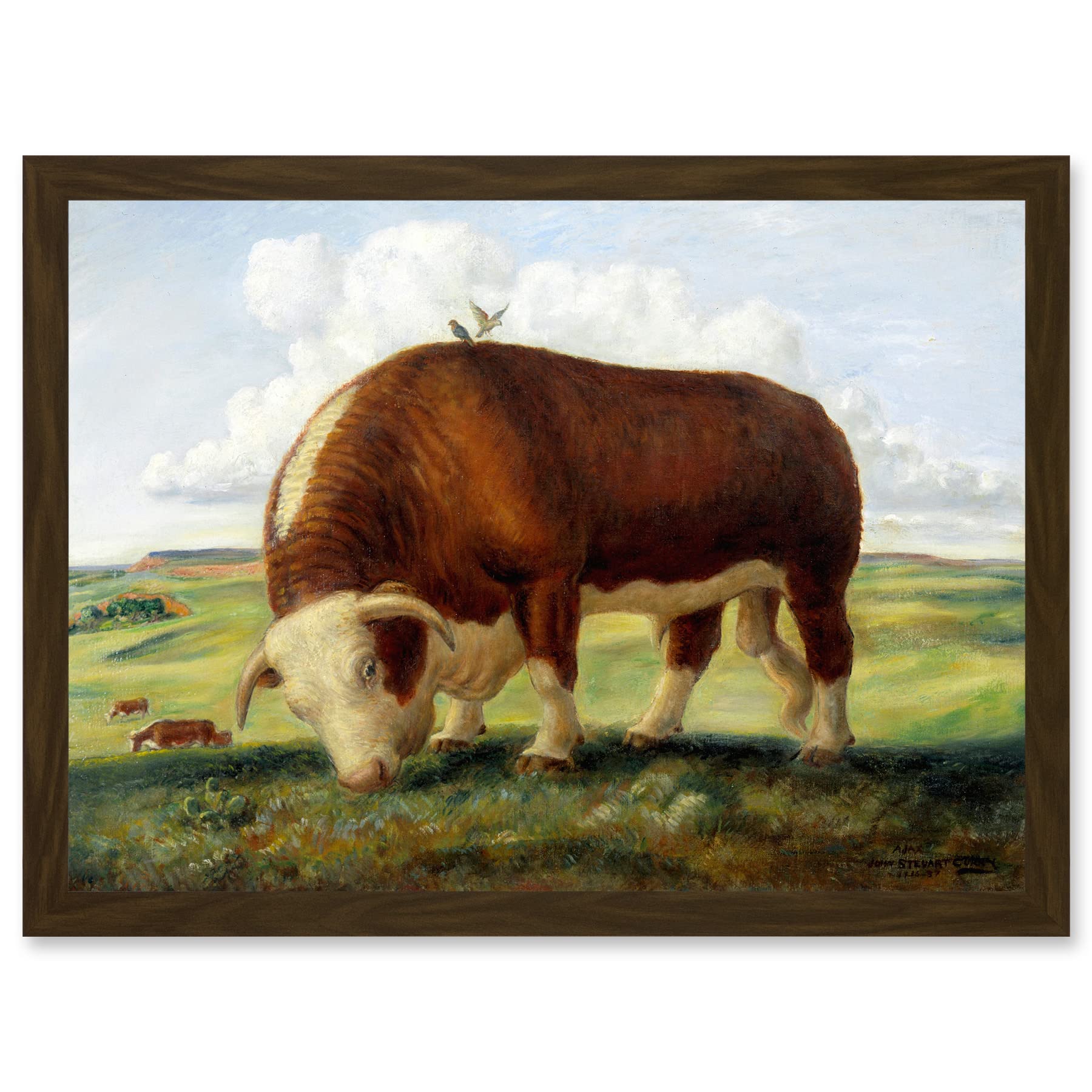 Artery8 Curry Ajax Hereford Bull Cow Birds Landscape Painting Artwork Framed Wall Art Print A4