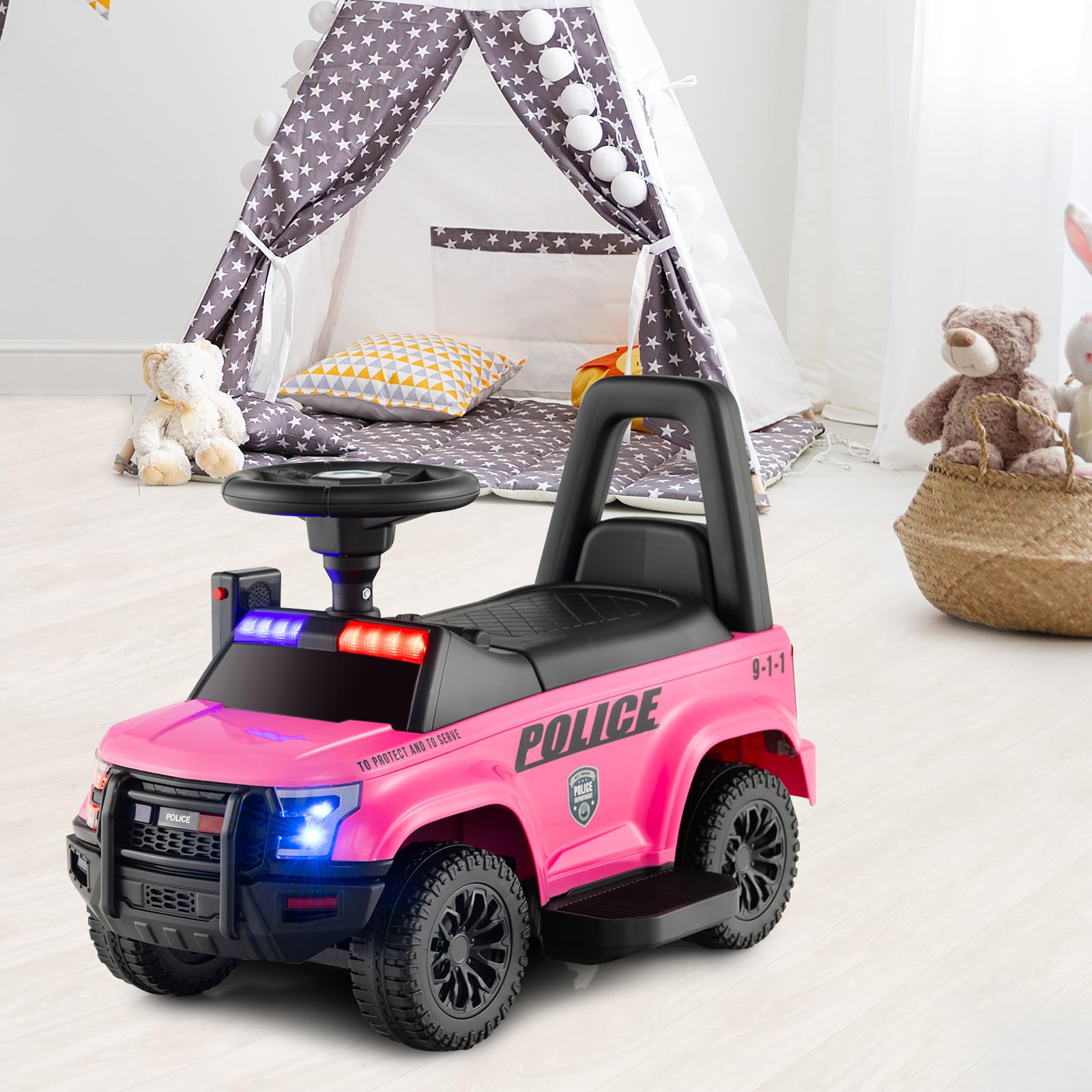 COSTWAY Auto Elettrica per Bambini, Auto della Polizia Giocattolo con Clacson Luce di Avvertimento e Suono della Sirena, Velocità 3 km/h, per Bambini 18-60 Mesi (Rosa)