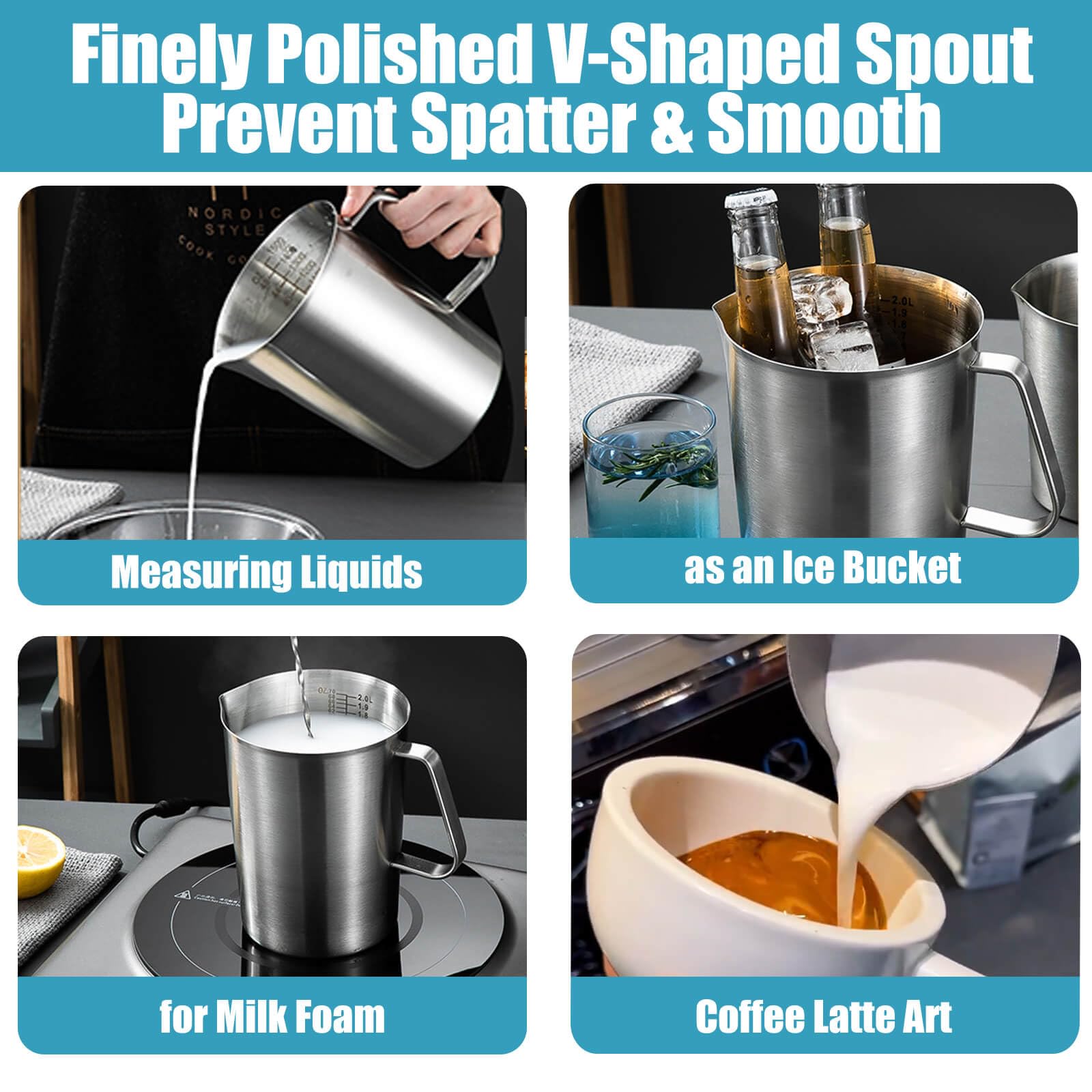 Jarra de acero inoxidable con tapa, taza medidora de metal de 70 onzas con marcado con asa, vasos graduados de boca grande de 2 L, jarra de espuma de leche para máquinas de espresso, arte con leche,