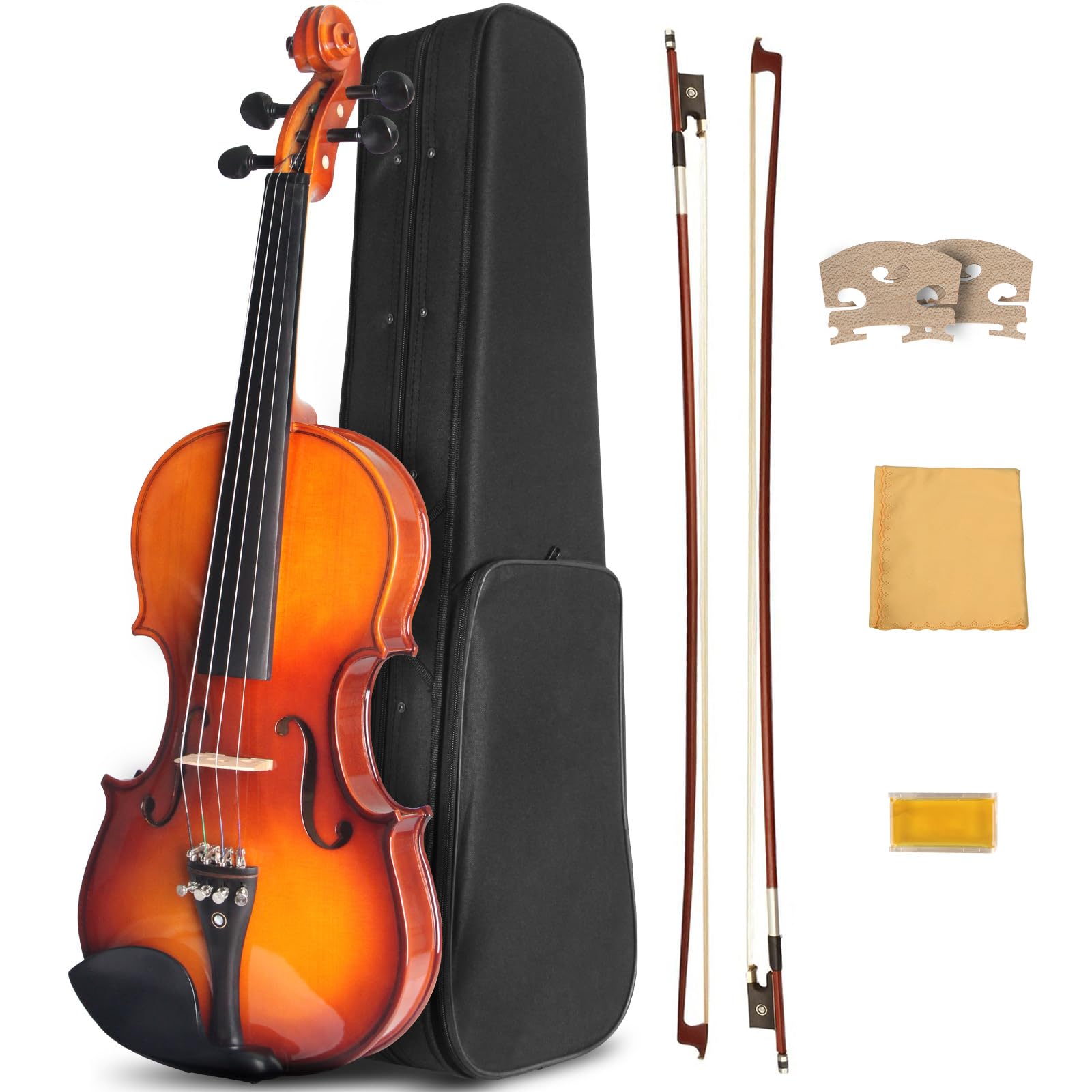 Ceciliec Violin For Beginners, 4/4 Violin Set Full Size Fiddle Solidwood for Adults with Case, 2 Bows, Bridge, Rosin - Stringed Musical Instruments