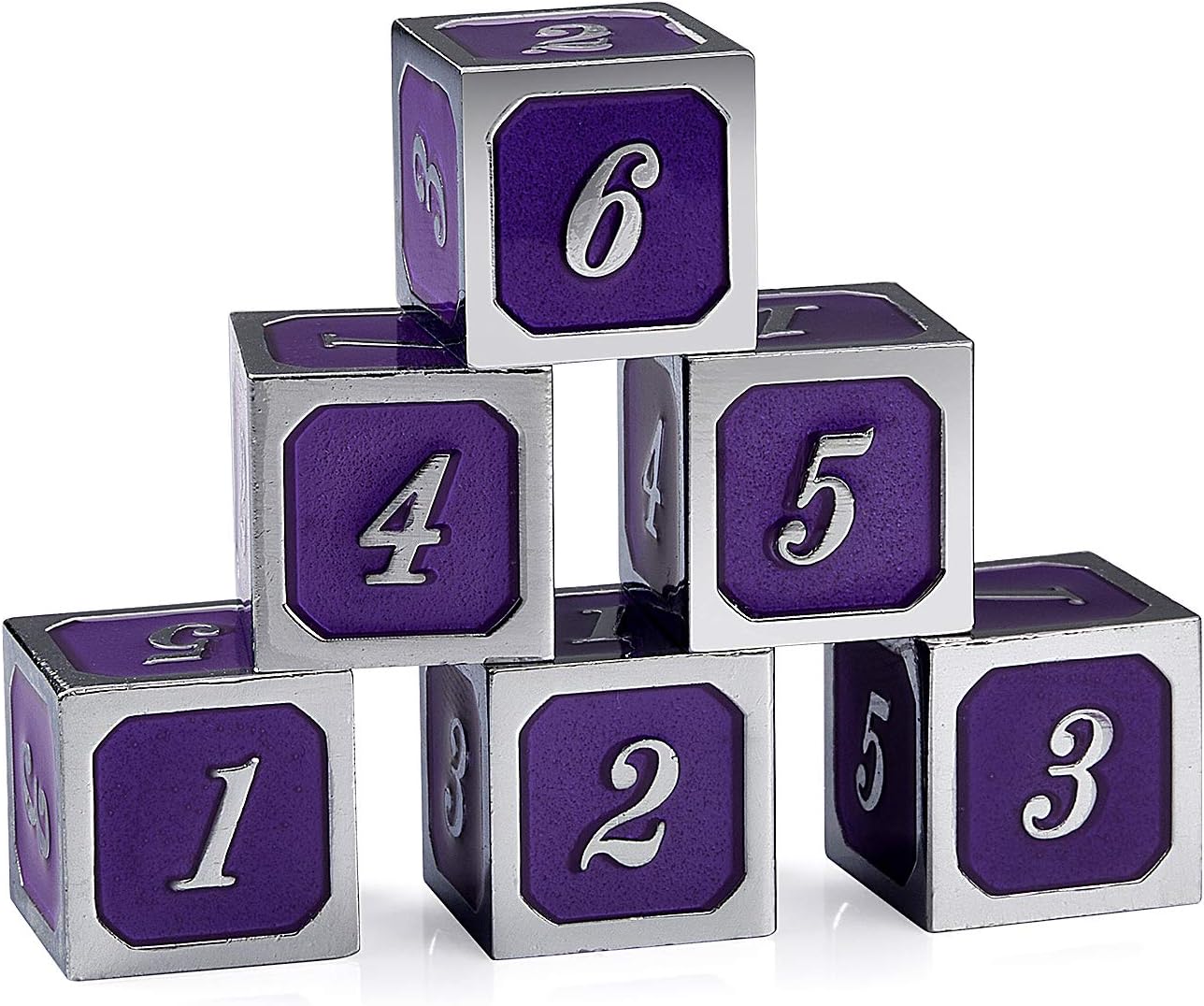 DNDND D6 Dice Set, 6 PCS Metal Six Sides Zinc Alloy Dice with Free Black Velvet Bag for DND Pathfinder Shadowrun or GURPs (Silver Number with Purple)