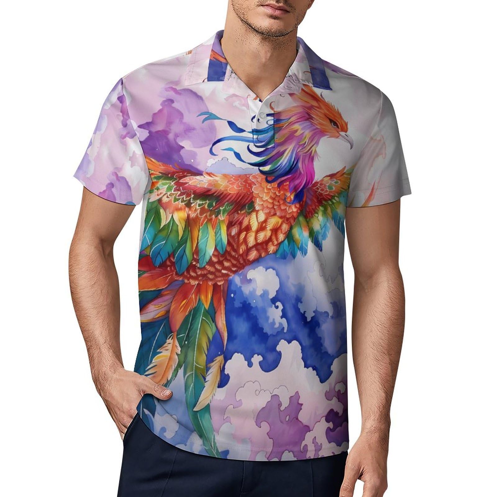 Colorful Phoenixes Clound Novelty Men's Short Sleeve Shirts Funny Golf Tennis Work T-Shirt Sport Tee 3XL