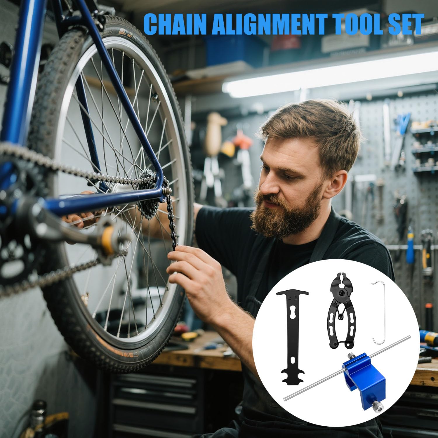 Set di 3 attrezzi per l'allineamento della catena, per moto, con catene per biciclette, rivetti e pinze per lucchetto, set di riparazione per moto, ATV e biciclette