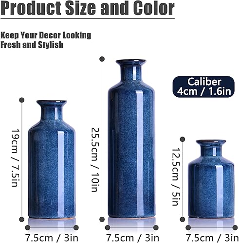 Miniatura 2 de Juego de 3 jarrones de cerámica azul marino, moderno para botellas de decoración del hogar, pequeño jarrón rústico de terracota para sala de estar,