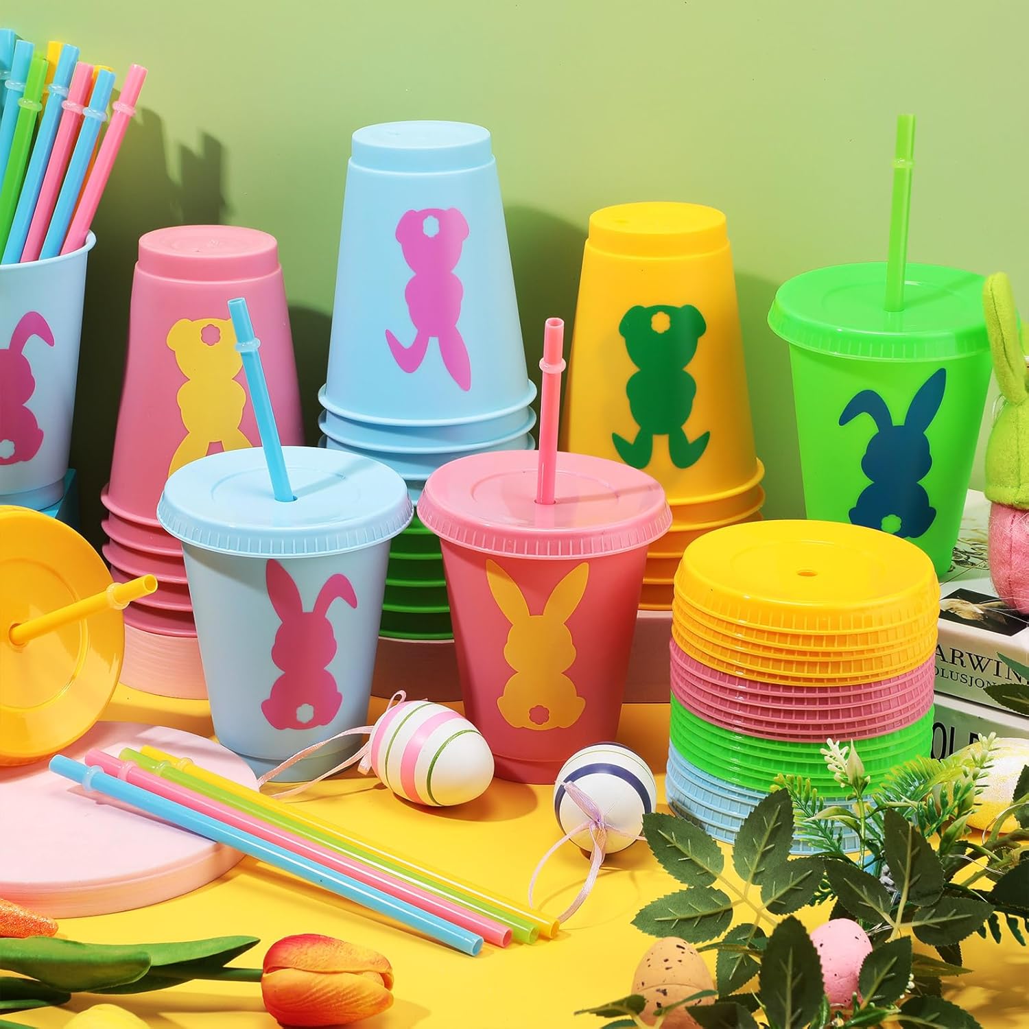 Easter Cups Bulk with Straw and Lid 16 Oz Reusable Plastic Bunny Cups Rabbit Cups for Wedding Anniversary Easter Party Supplies (24 Pcs) - Image 5