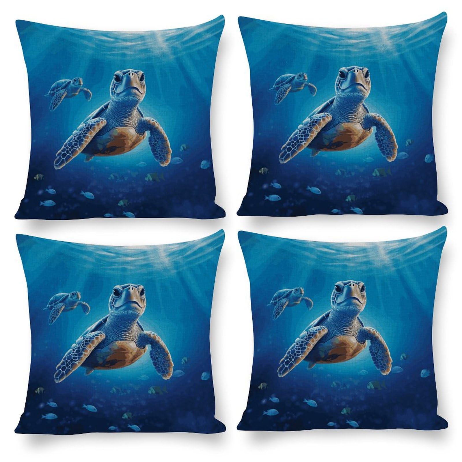 Motif tortue dans l'eau bleue : housse de coussin carrée pour un salon style bord de mer