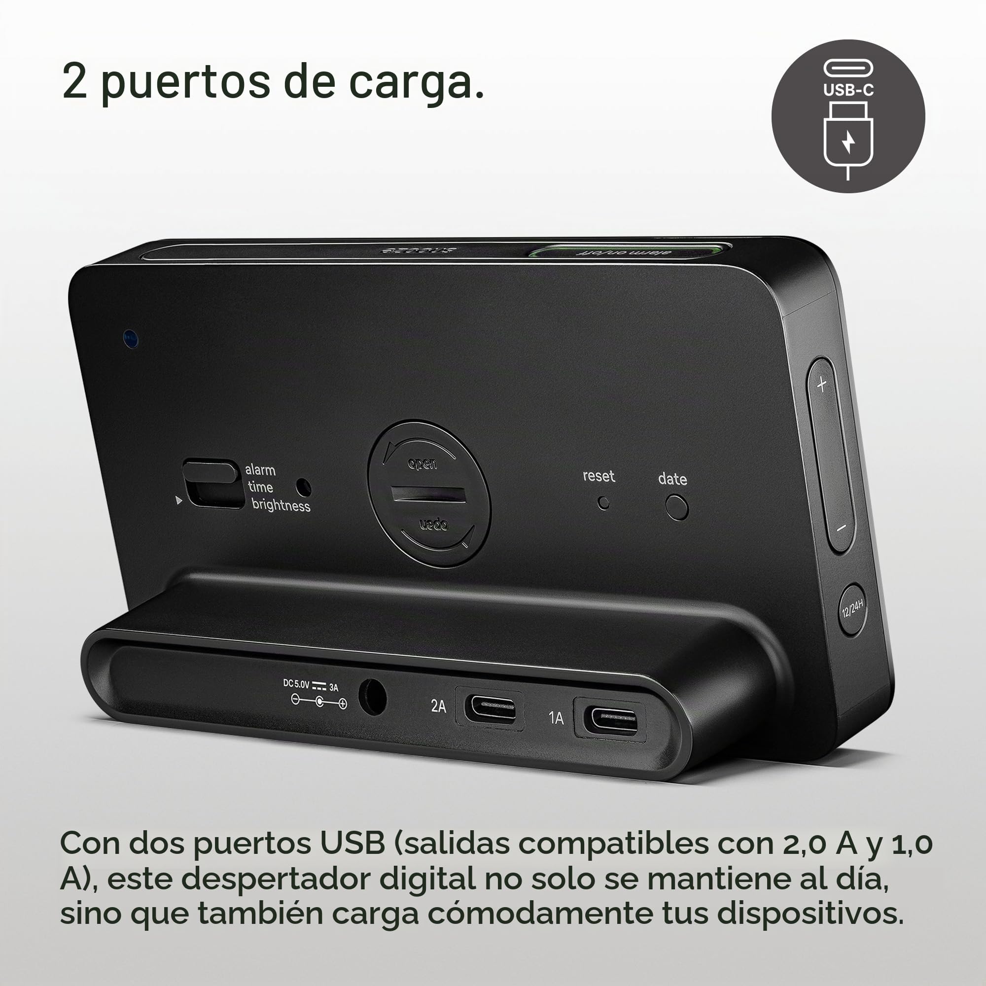 Braun Reloj Despertador Digital Pantalla LCD, 2 Puertos USB-C para Cargar Otros Dispositivos, visualización de Fecha y Hora, repetición táctil, configuración rápida, en Negro, Modelo BC20B.