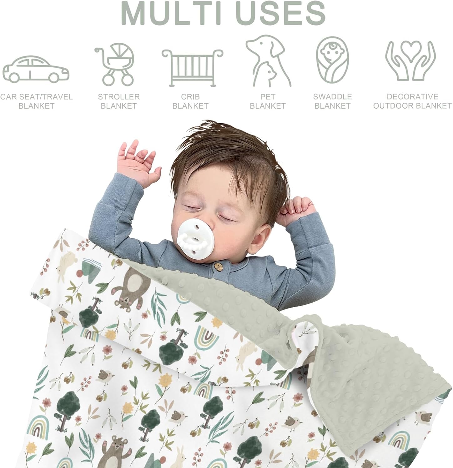 Whimsical Animals Baby Blankets for Girl Boy Cute Animals Spring Soft Mink Dotted Backing Double Layer Swaddle Blanket Bear Deer Bunny Rainbow Greenery Bed Throw for Infant Toddler Nursery 30x40