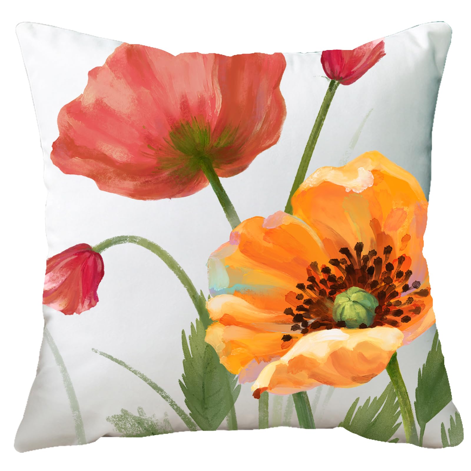 Ramirar Ink Oil Painting Watercolor Pink Orange Poppy Flowers Summer Decorative Soft White Polyester Velvet Throw Pillow Cover Case Home Living Room