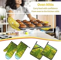 Vista 7 de Grassland Paths Oven Mitt and Pot Holder Set Heat Resistant 4-Piece Set, Suitable for Kitchen Cooking Baking Grill Chef Gift
