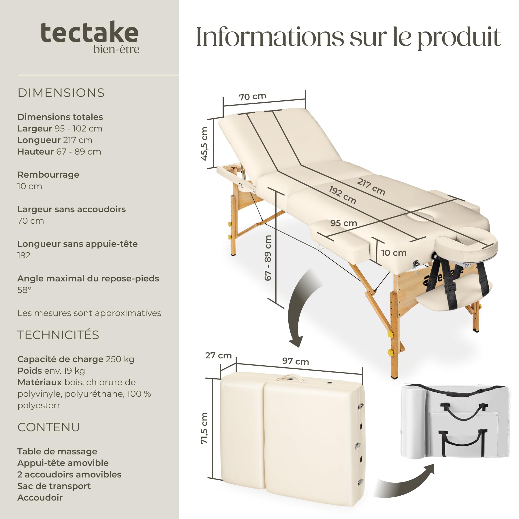 tectake® Table de Massage Pliante Professionnelle 3 Zones Épaisseur de 13 cm Massage et Relaxation Bois Table Esthetique Professionnel Lit de Massage Portable Housse de Transport - Beige