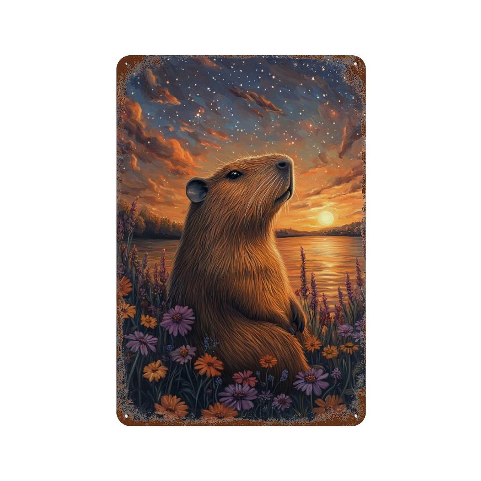 Rust Effect Capybara Sunset Flowers Vintage Rust Metal Sign 11.8"x7.9", Decorative Metal Wall Art for Shed, Workshop And Garage Wall Decor