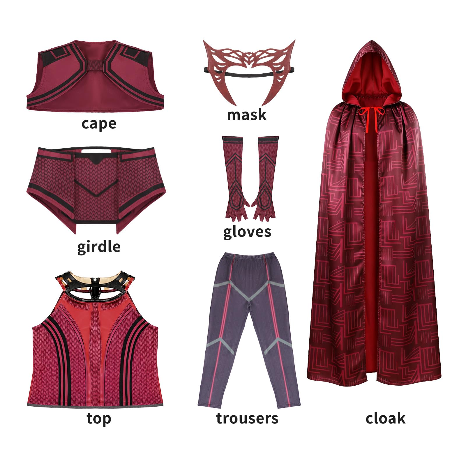 Disfraz de bruja de escarlata para mujer, disfraz de Wanda Maximoff con capucha, chaqueta, pantalones, traje, sombrero, Halloween, cosplay, disfraz de carnaval