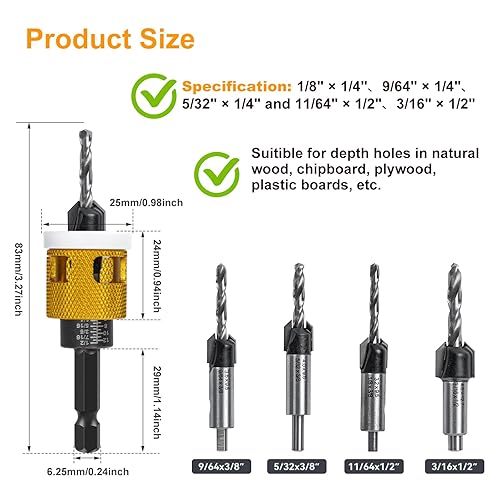 Miniatura 3 de Juego de brocas avellanadas para madera, 7 brocas para fregadero de encimera con brocas cónicas HSS y vástago hexagonal de 14 de pulgada, cambio