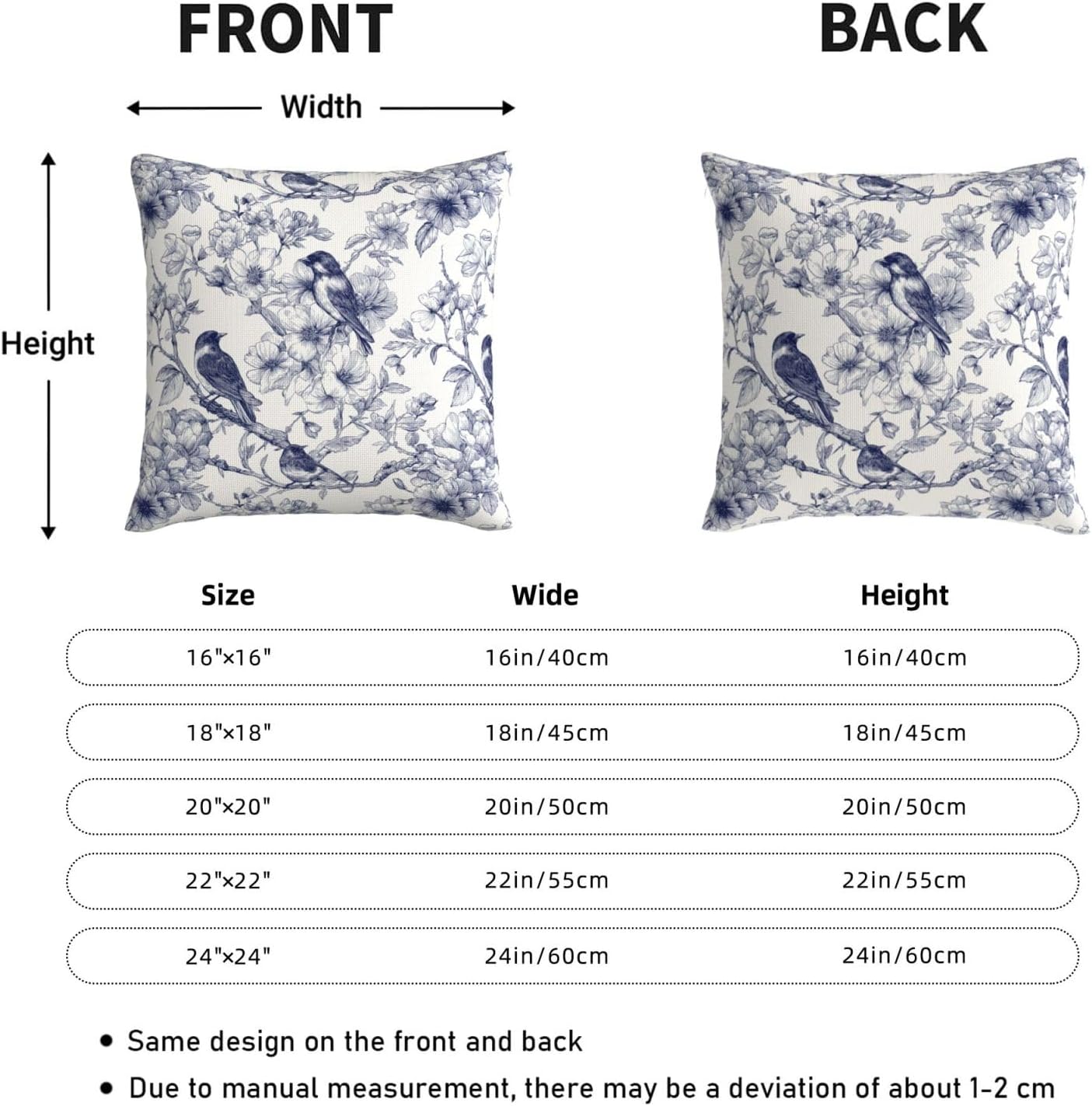 KiuLoam Vintage Toile Navy Blue Floral Pillow Covers 24x24 Inch Set of 2 Rustic Ink Line Flowers and Birds Decorative Throw Pillows Outdoor Neutral Farmhouse Cushion Cases for Sofa Couch Bed Decor