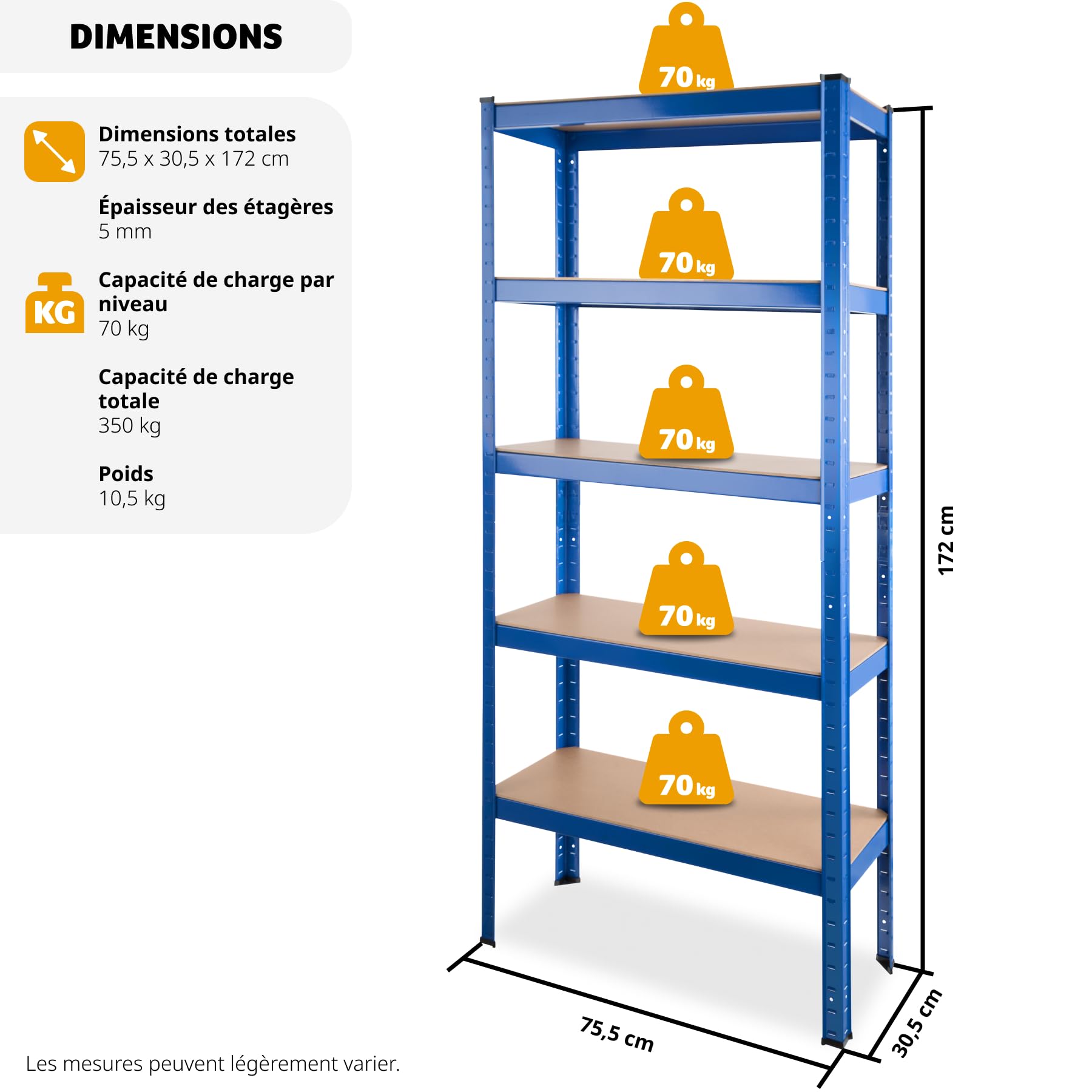 tectake® Étagère Garage Étagère Charge Lourde Meuble de Rangement modulable en métal 5 tablettes 75,5 x 30,5 x 172 cm Max. 350 kg Rangement Outils Atelier pneus buanderie