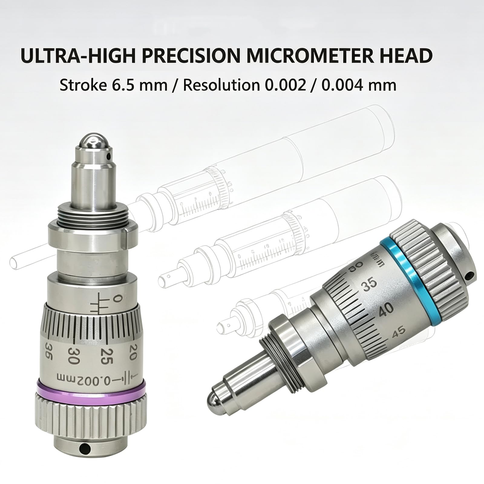 Strumento di Misura con Testa Micrometrica, Testa di Regolazione Micrometrica in Acciaio Inossidabile, Corsa di 6,5 Mm, Risoluzione di 0,002/0,004 Mm, per Strumenti Ottici, 0.004mm